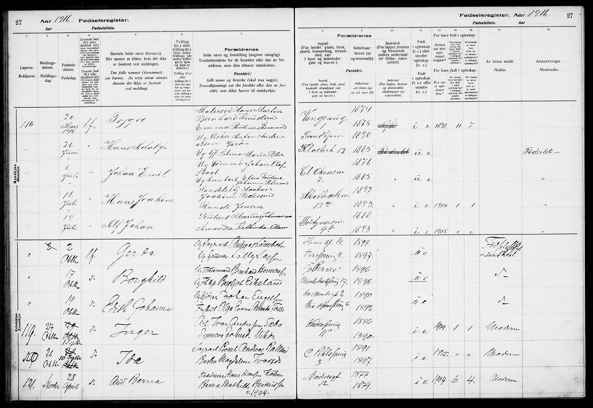 Nykirken Sokneprestembete, AV/SAB-A-77101/I/Id/L00A1: Birth register no. A 1, 1916-1922, p. 27