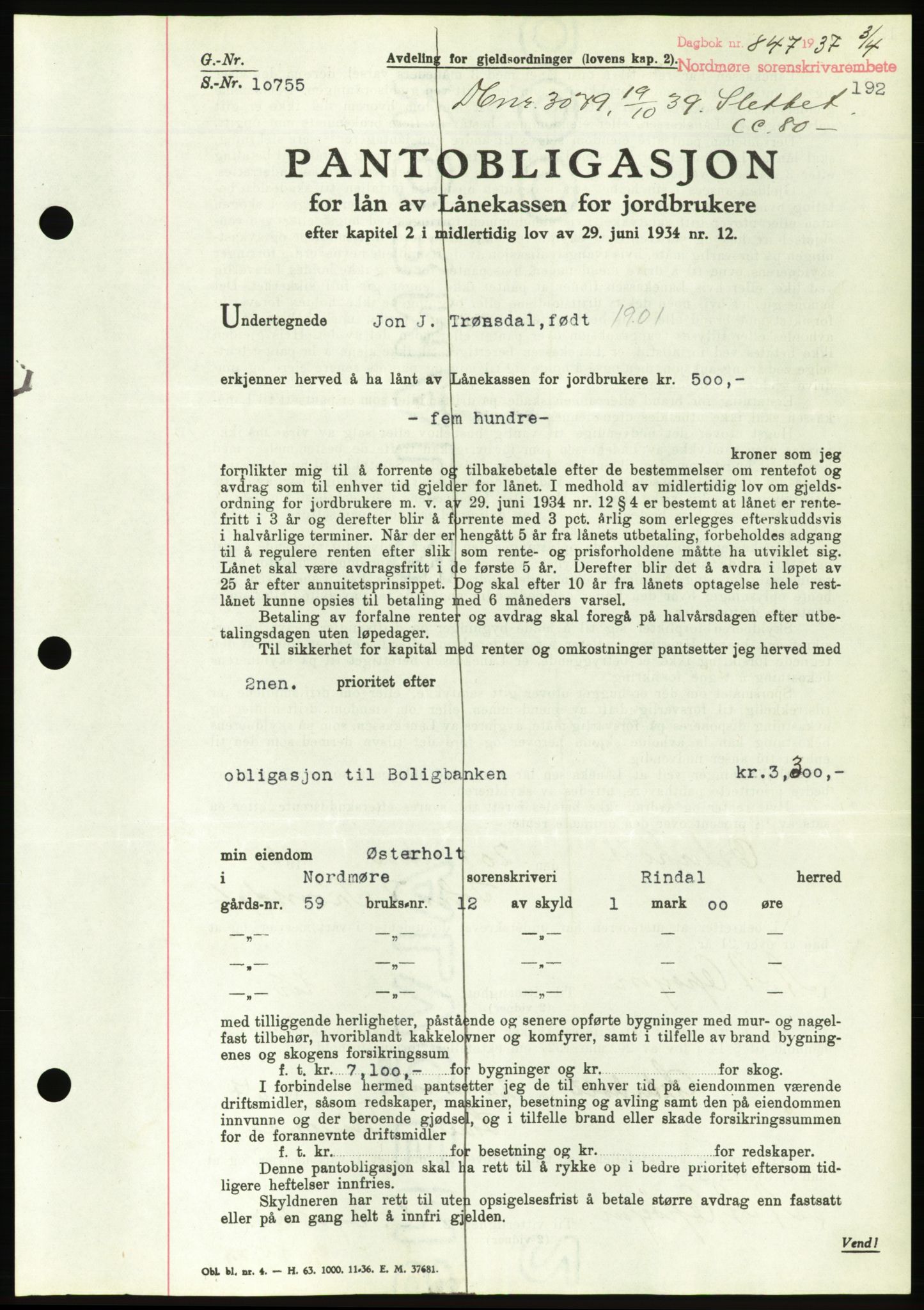 Nordmøre sorenskriveri, AV/SAT-A-4132/1/2/2Ca/L0091: Mortgage book no. B81, 1937-1937, Diary no: : 847/1937