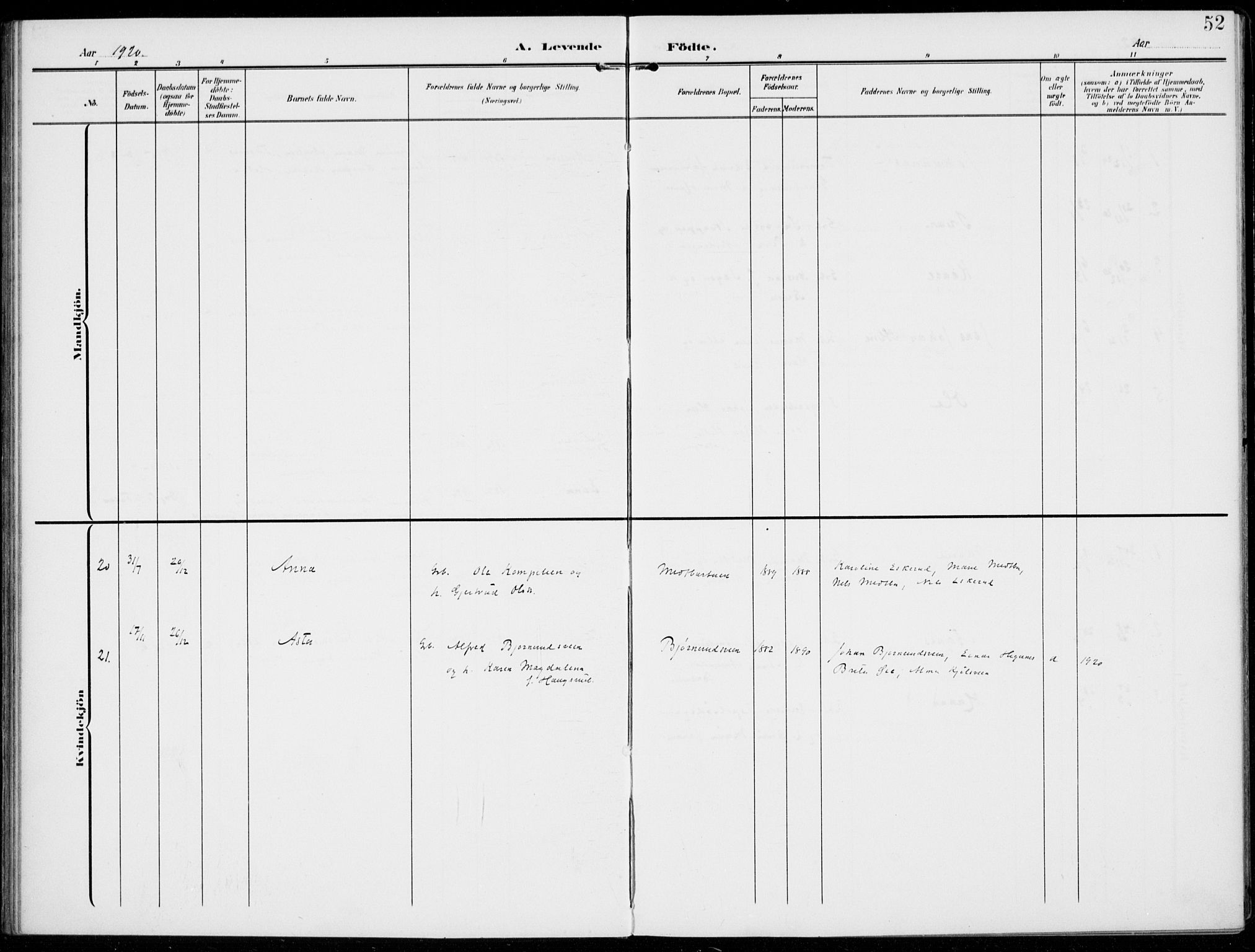 Kolbu prestekontor, SAH/PREST-110/H/Ha/Haa/L0001: Parish register (official) no. 1, 1907-1923, p. 52