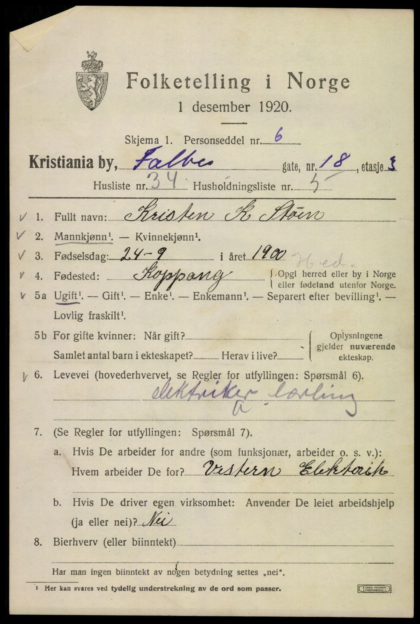 SAO, 1920 census for Kristiania, 1920, p. 225831