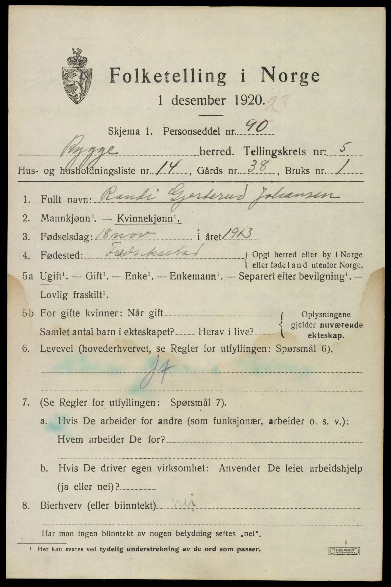 SAO, 1920 census for Rygge, 1920, p. 9751