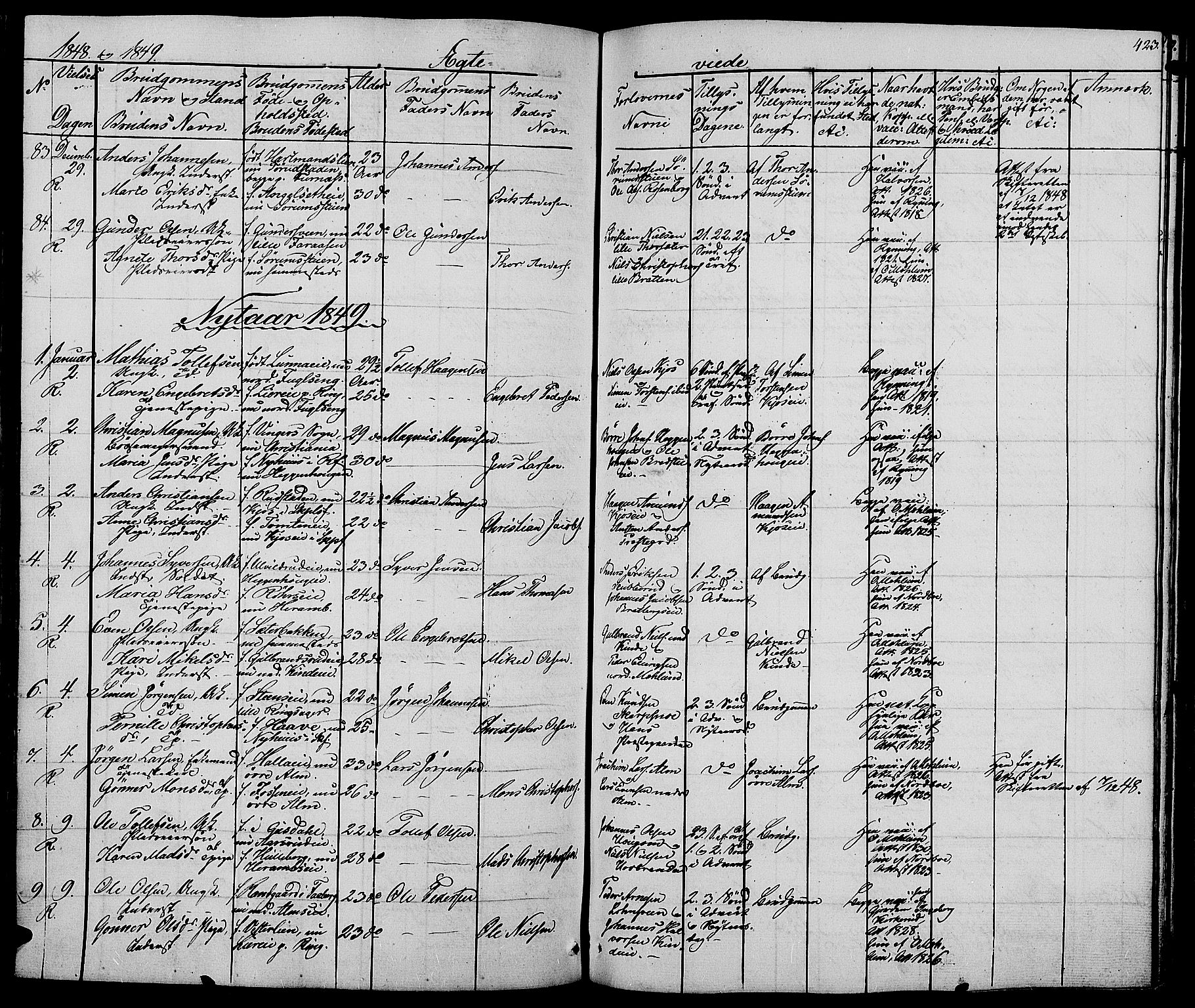 Ringsaker prestekontor, AV/SAH-PREST-014/L/La/L0005: Parish register (copy) no. 5, 1839-1850, p. 423