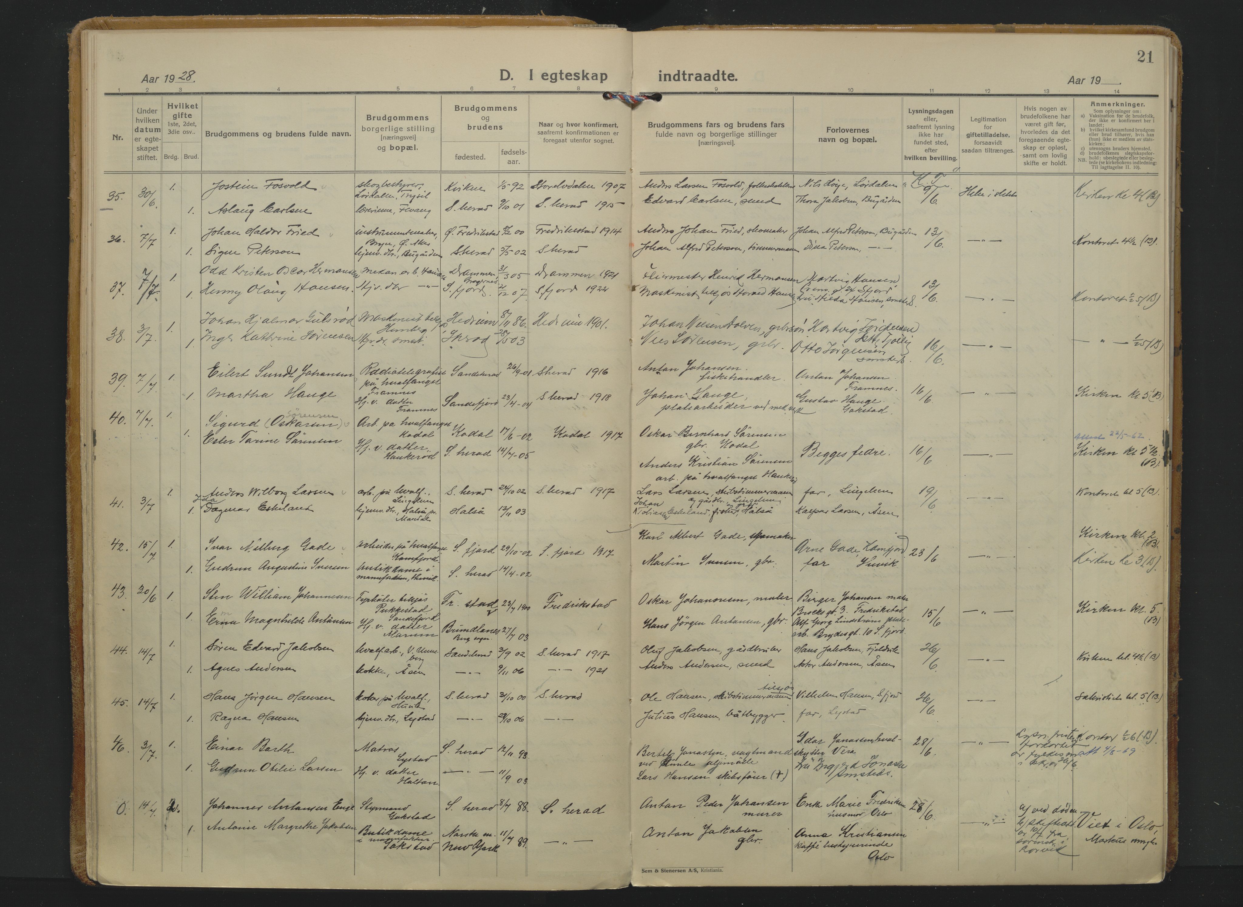 Sandar kirkebøker, SAKO/A-243/F/Fa/L0023: Parish register (official) no. 23, 1924-1932, p. 21