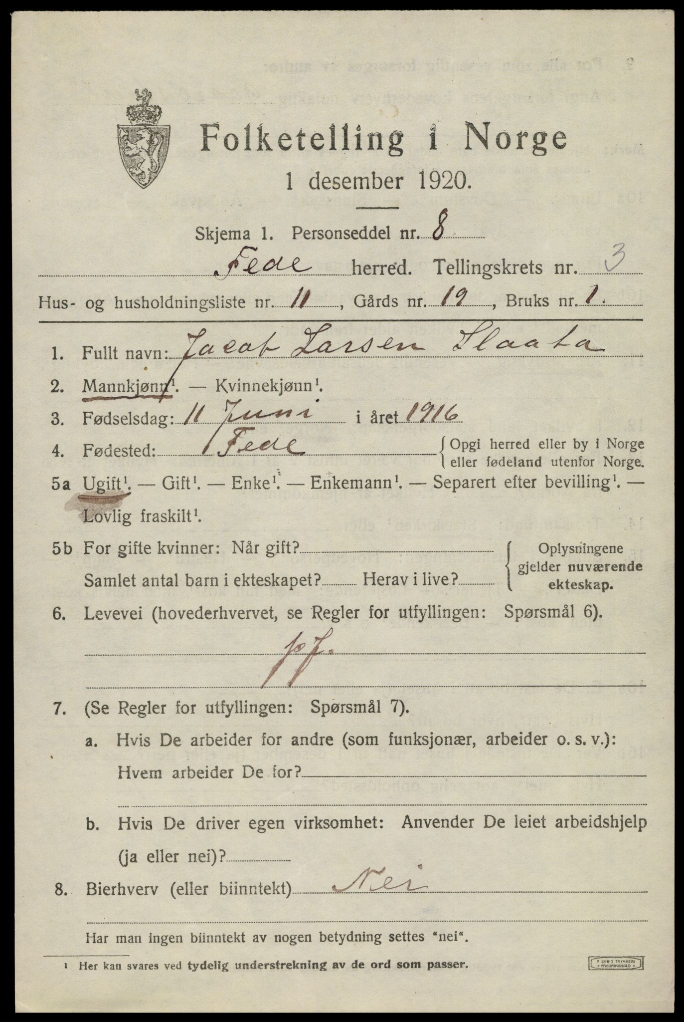 SAK, 1920 census for Feda, 1920, p. 1823