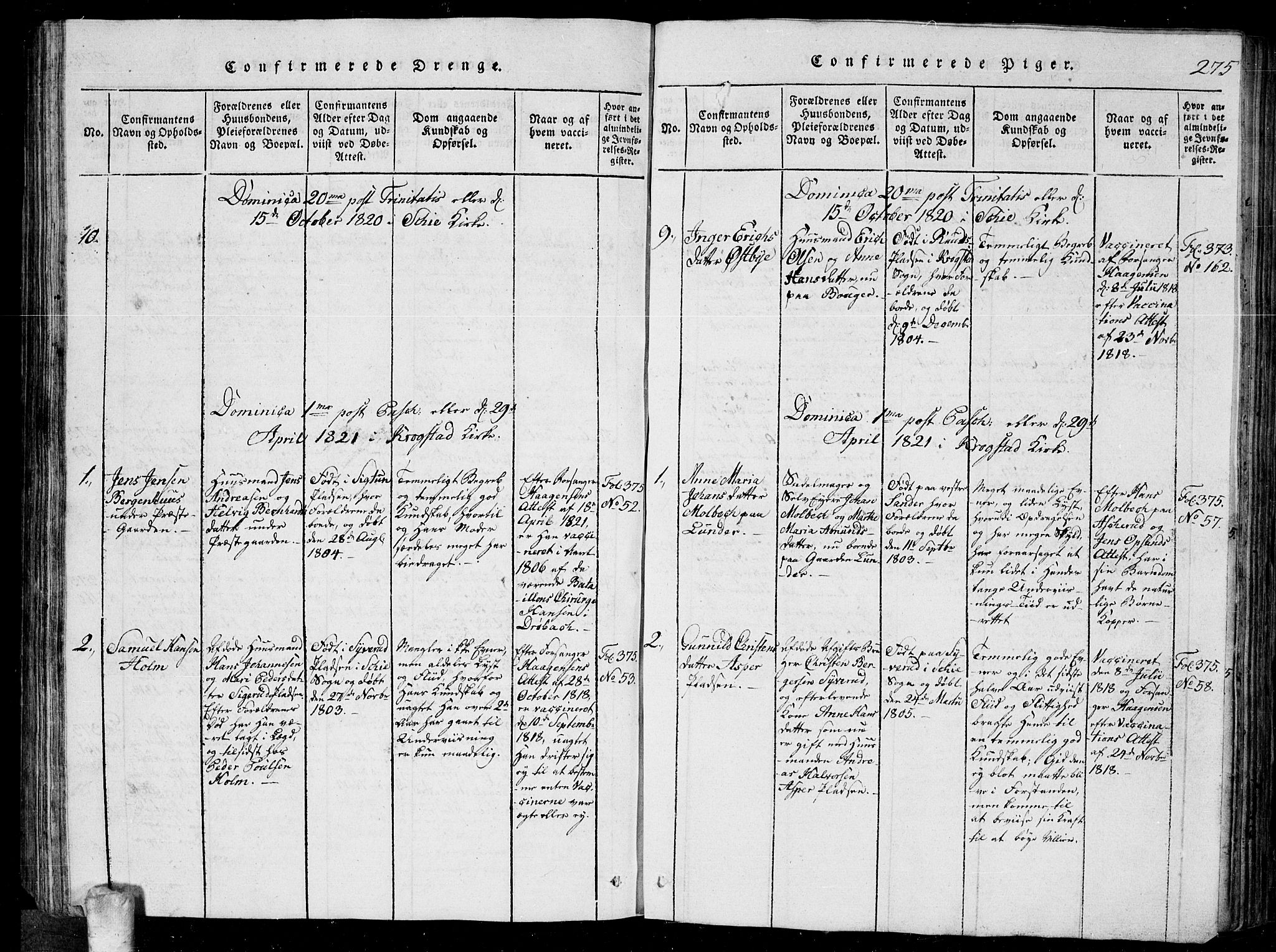 Kråkstad prestekontor Kirkebøker, AV/SAO-A-10125a/G/Ga/L0001: Parish register (copy) no. I 1, 1813-1824, p. 275