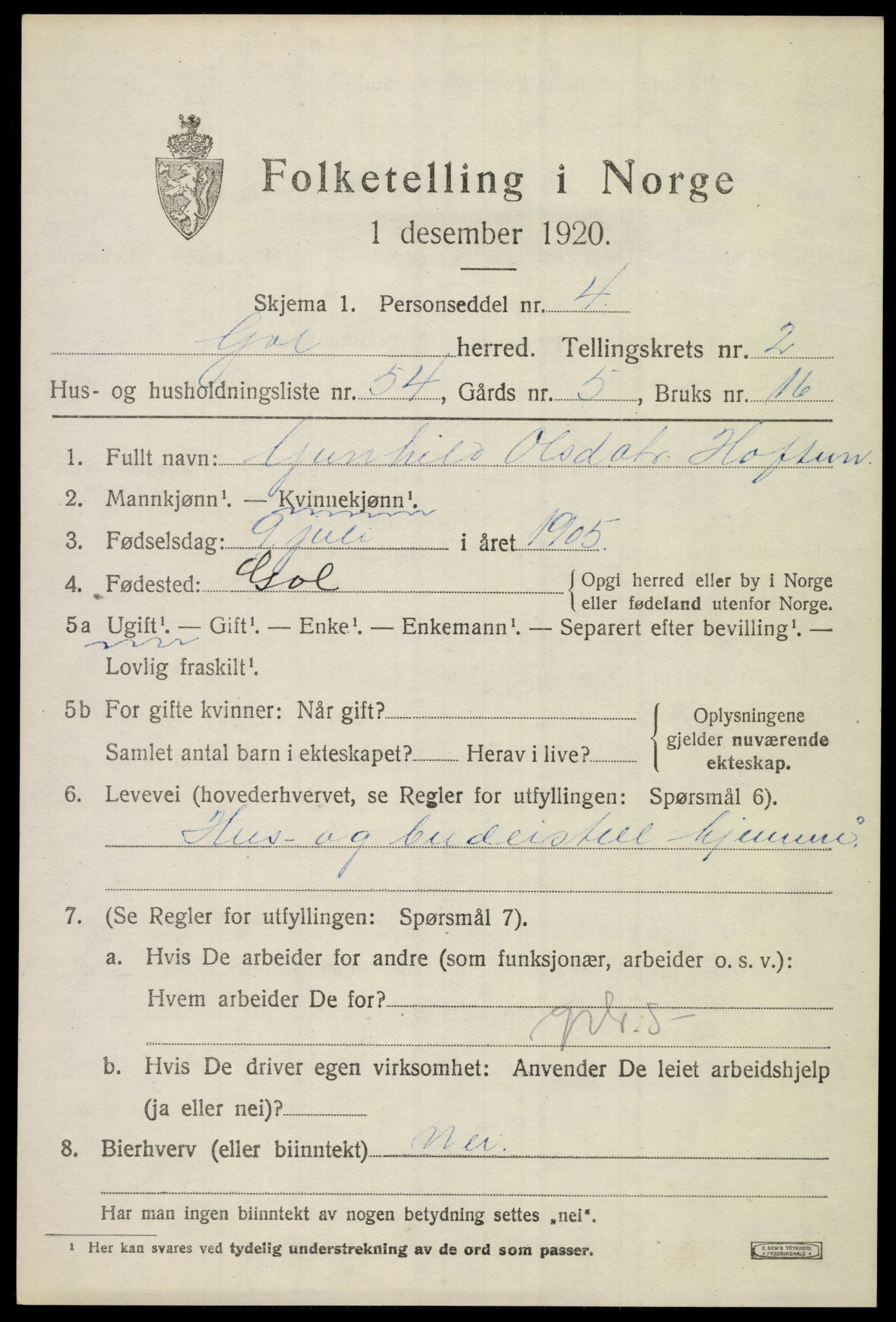 SAKO, 1920 census for Gol, 1920, p. 1878