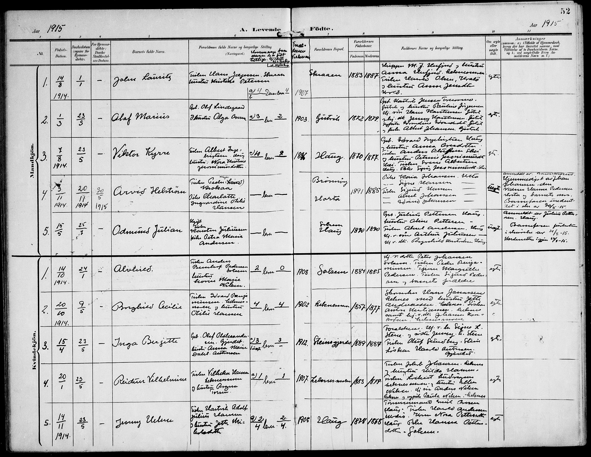 Ministerialprotokoller, klokkerbøker og fødselsregistre - Nord-Trøndelag, AV/SAT-A-1458/788/L0698: Parish register (official) no. 788A05, 1902-1921, p. 52