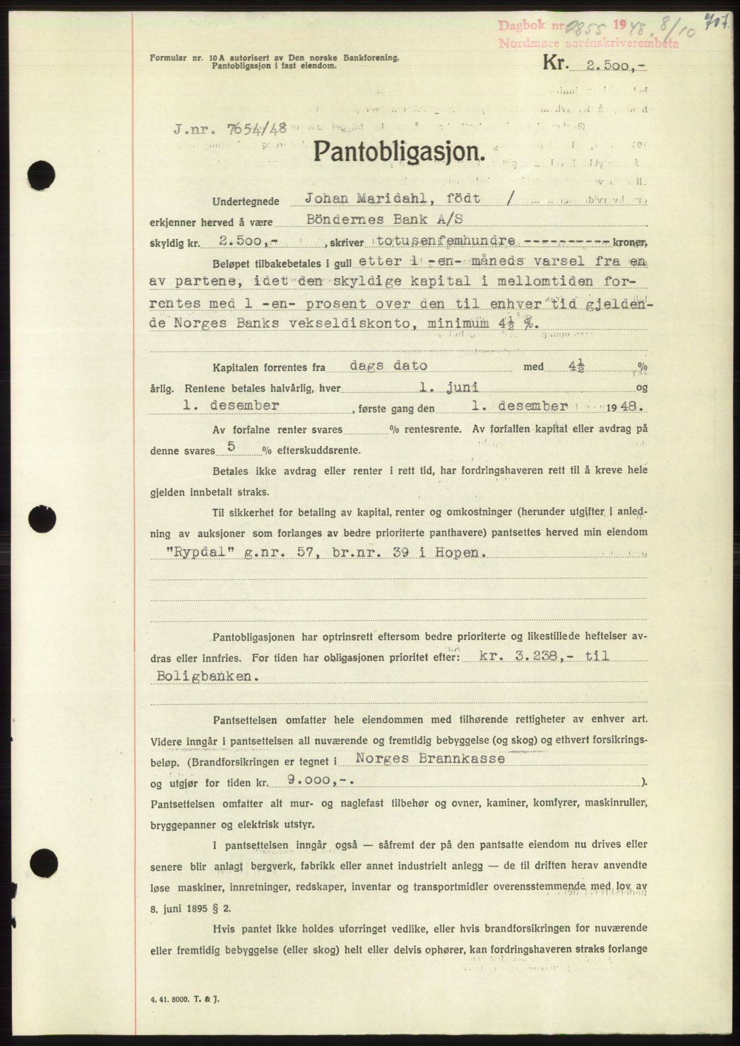 Nordmøre sorenskriveri, AV/SAT-A-4132/1/2/2Ca: Mortgage book no. B99, 1948-1948, Diary no: : 2855/1948