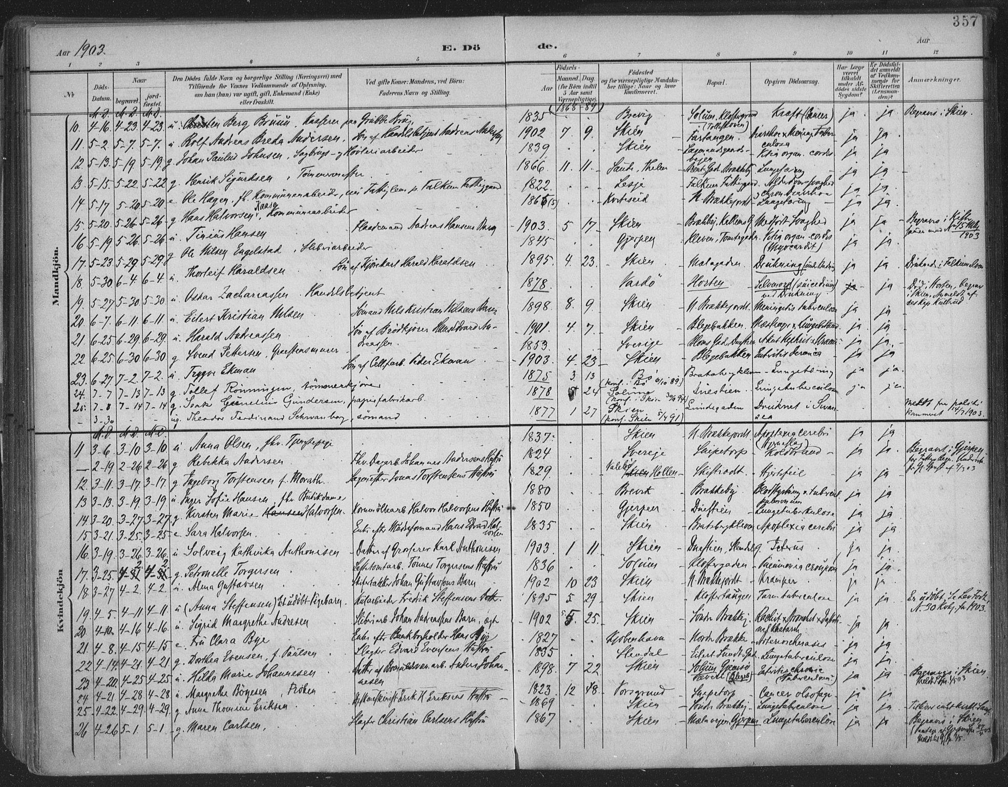 Skien kirkebøker, SAKO/A-302/F/Fa/L0011: Parish register (official) no. 11, 1900-1907, p. 357