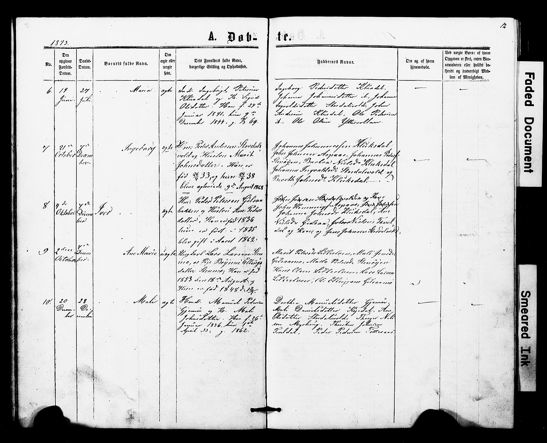 Ministerialprotokoller, klokkerbøker og fødselsregistre - Nord-Trøndelag, SAT/A-1458/707/L0052: Parish register (copy) no. 707C01, 1864-1897, p. 12
