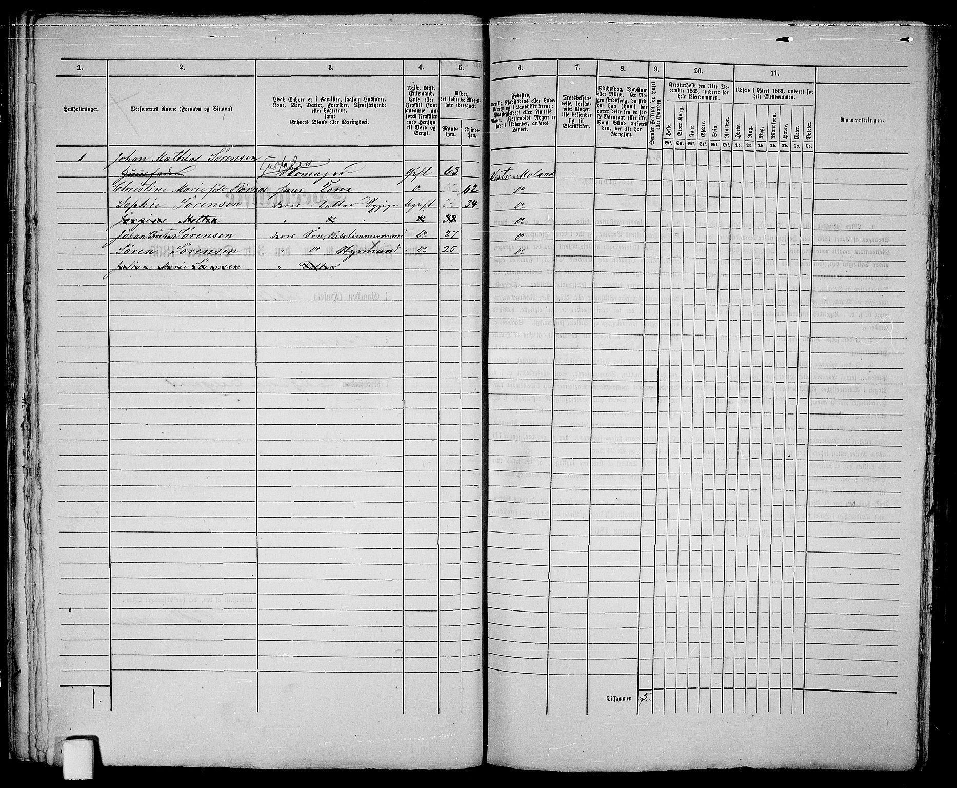 RA, 1865 census for Vestre Moland/Lillesand, 1865, p. 35