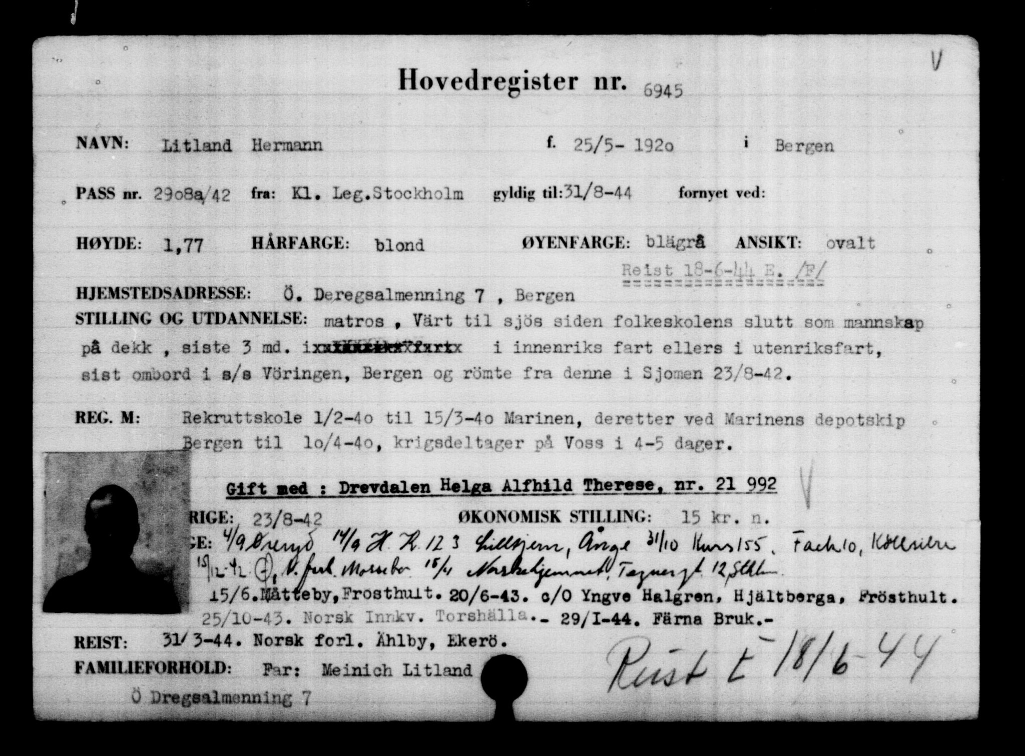 Utenriksstasjonene, Legasjonen i Stockholm, Flyktningkontoret, AV/RA-S-6753/V/Va/L0005: Kjesäterkartoteket, flyktninger med registreringsnr. 6600-9417, 1940-1945, p. 422