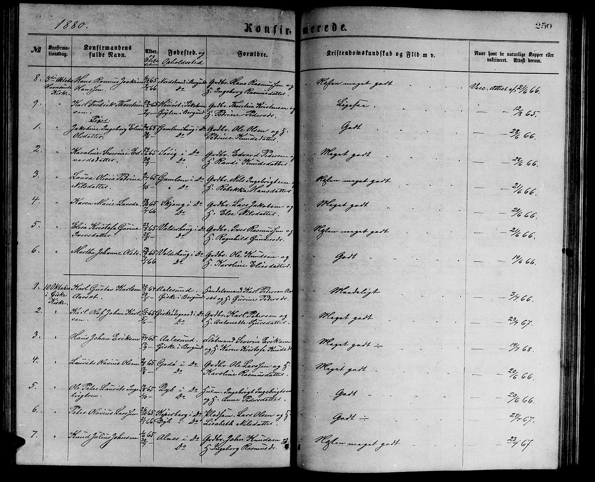 Ministerialprotokoller, klokkerbøker og fødselsregistre - Møre og Romsdal, AV/SAT-A-1454/528/L0429: Parish register (copy) no. 528C10, 1872-1886, p. 250