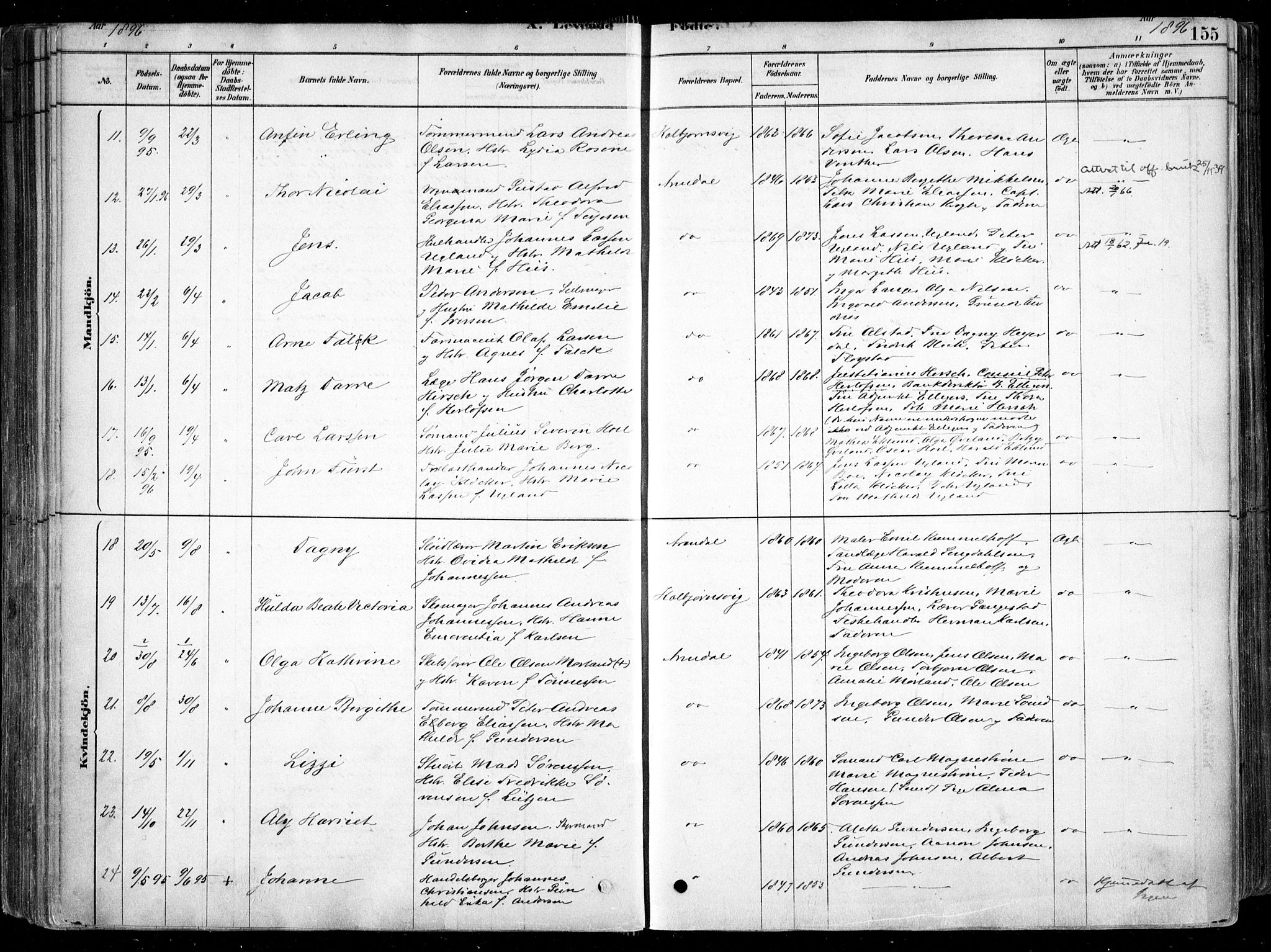 Arendal sokneprestkontor, Trefoldighet, AV/SAK-1111-0040/F/Fa/L0008: Parish register (official) no. A 8, 1878-1899, p. 155