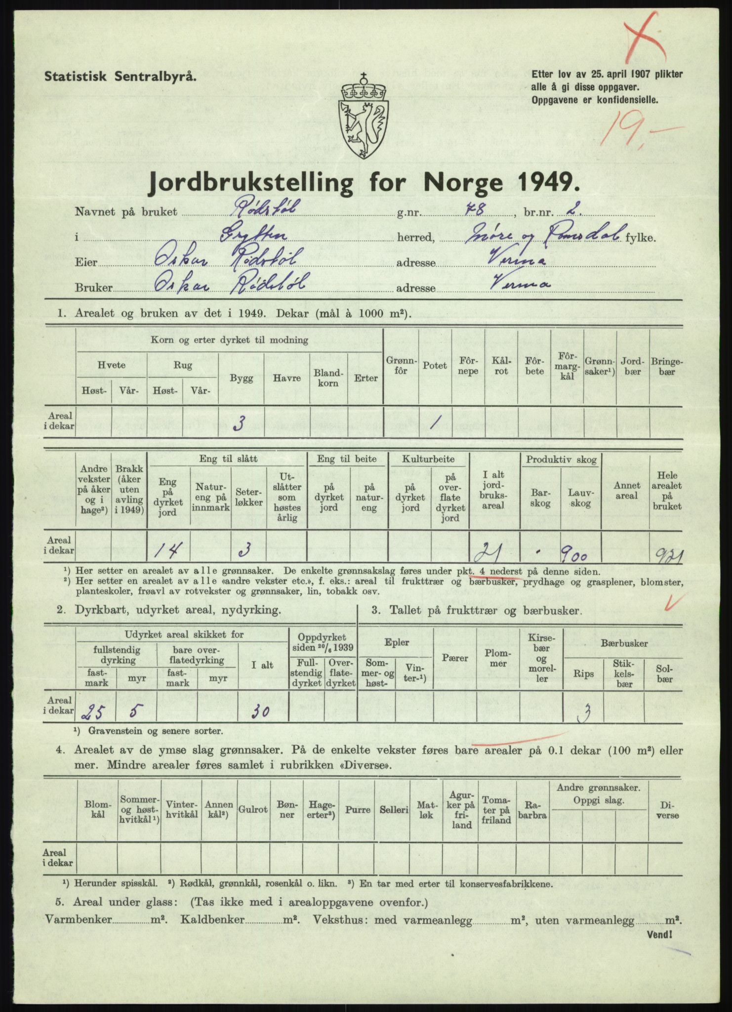 Statistisk sentralbyrå, Næringsøkonomiske emner, Jordbruk, skogbruk, jakt, fiske og fangst, AV/RA-S-2234/G/Gc/L0323: Møre og Romsdal: Grytten og Hen, 1949, p. 197