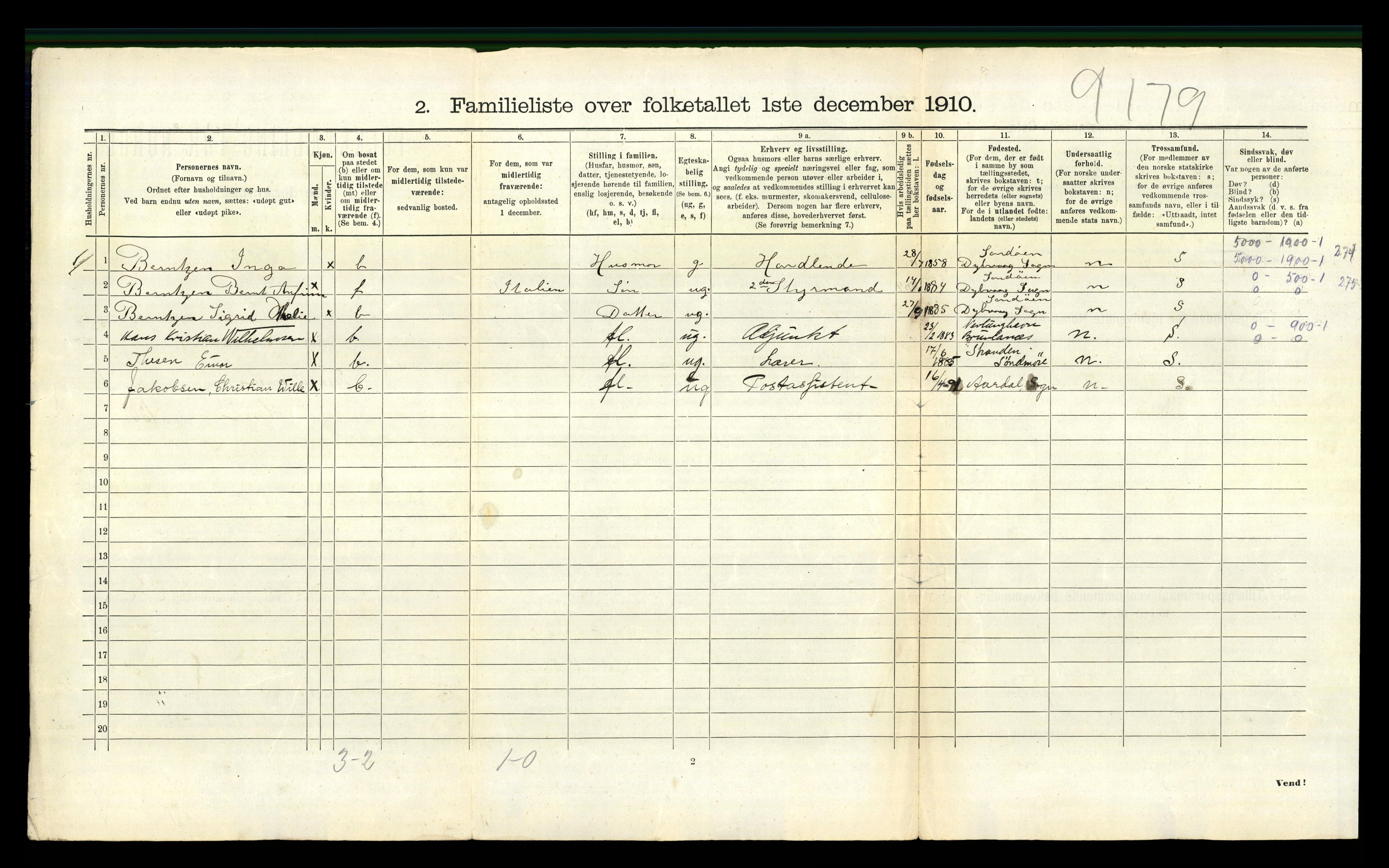 RA, 1910 census for Tvedestrand, 1910, p. 572