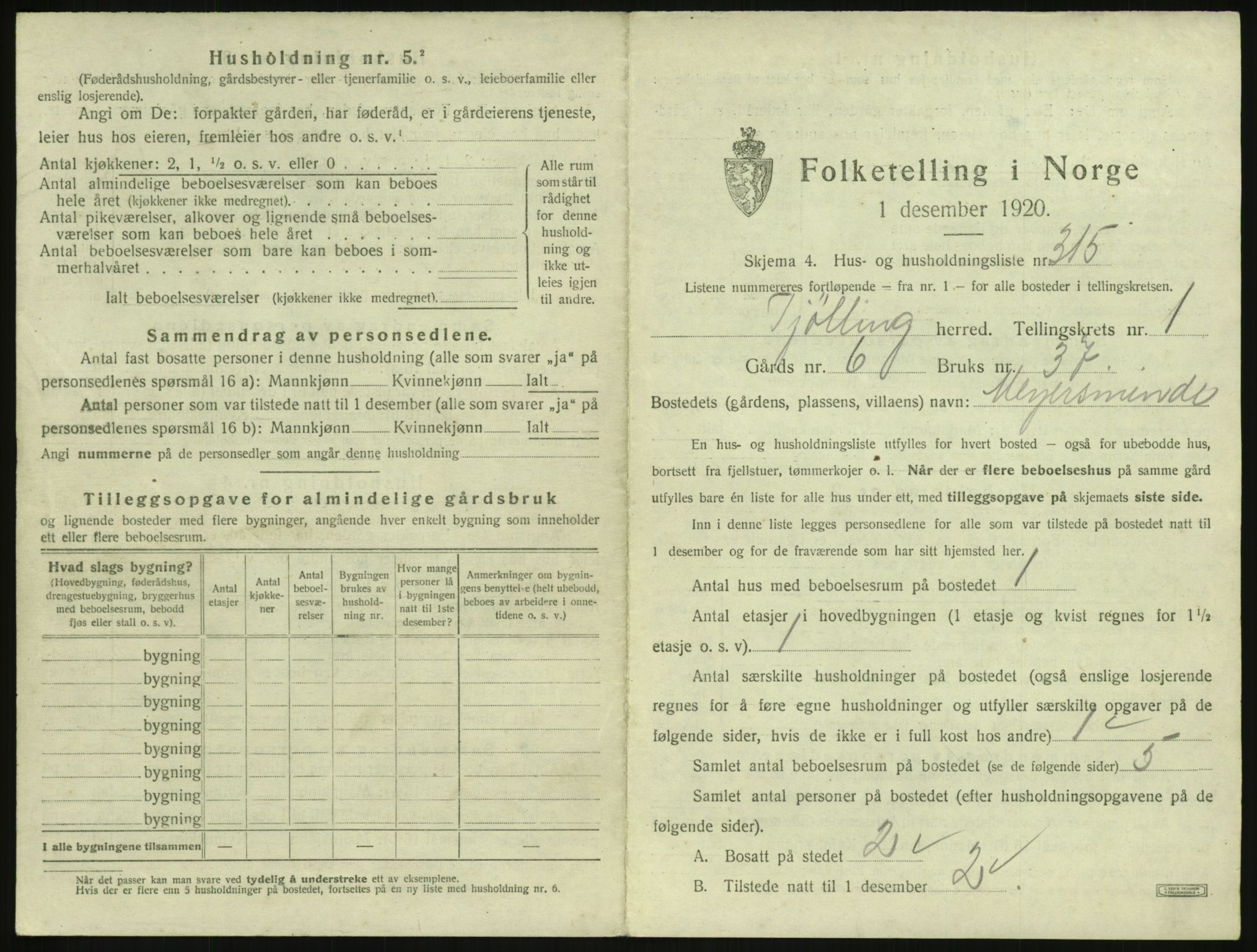 SAKO, 1920 census for Tjølling, 1920, p. 665