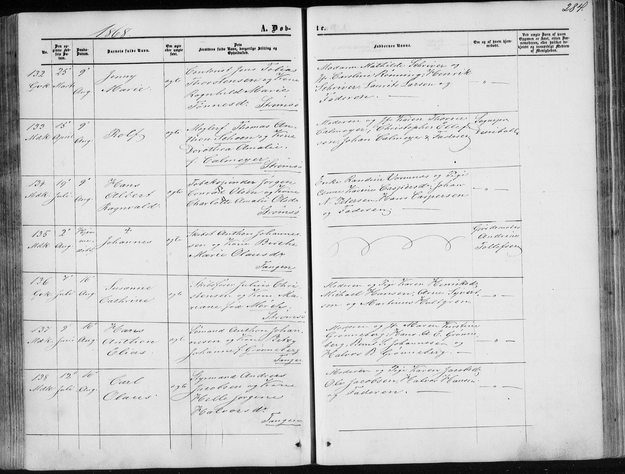 Strømsø kirkebøker, AV/SAKO-A-246/F/Fa/L0015: Parish register (official) no. I 15, 1859-1868, p. 284