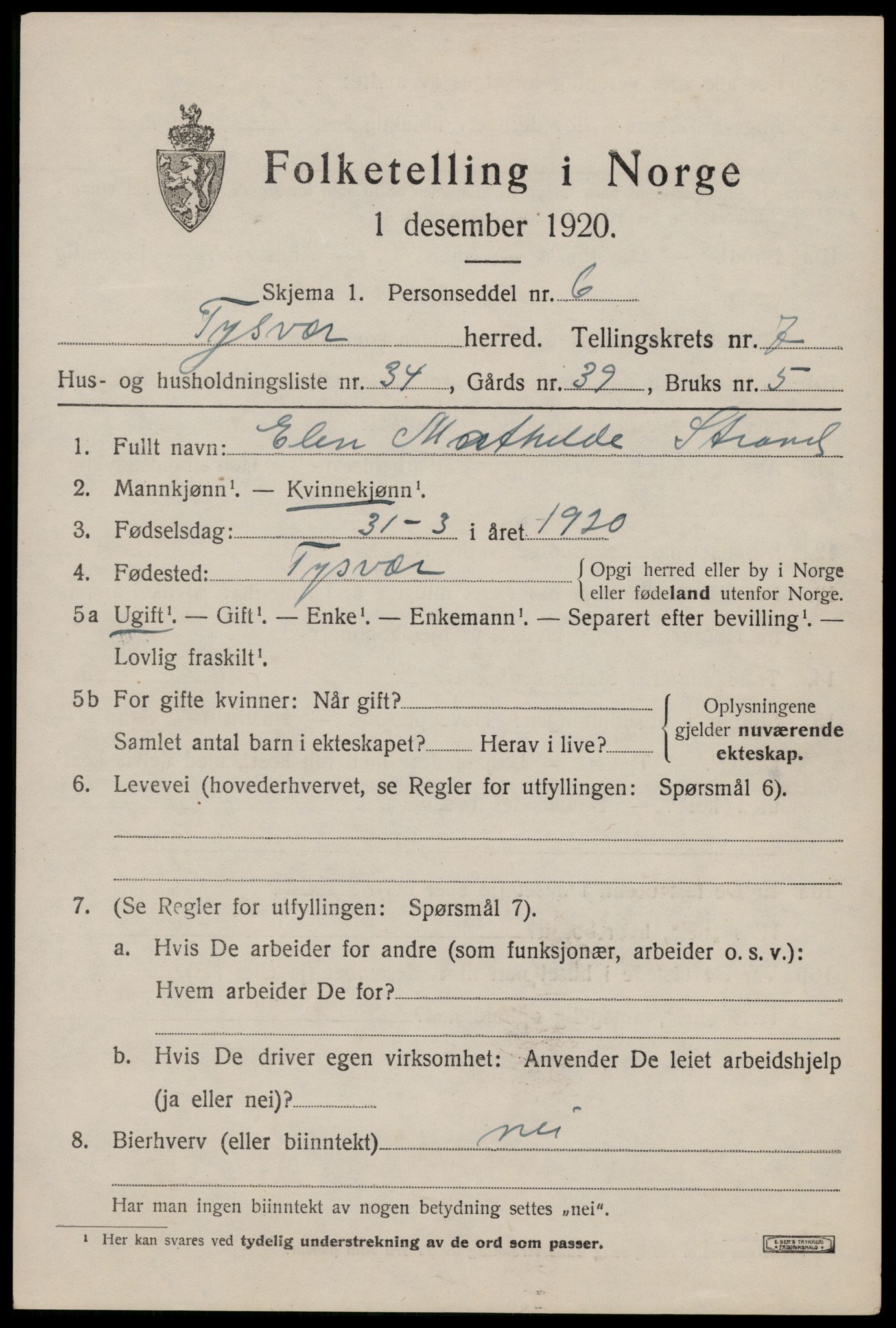 SAST, 1920 census for Tysvær, 1920, p. 2772