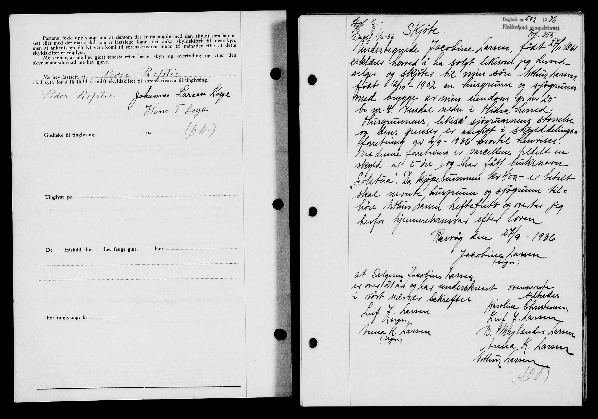 Flekkefjord sorenskriveri, SAK/1221-0001/G/Gb/Gba/L0053: Mortgage book no. A-1, 1936-1937, Diary no: : 548/1936