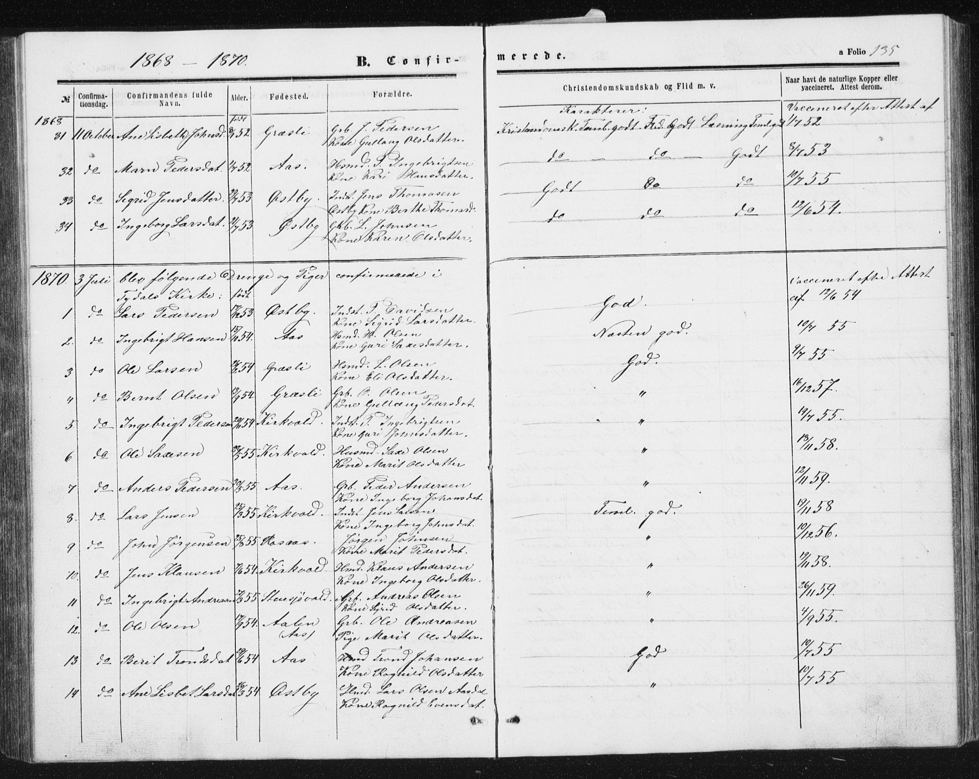 Ministerialprotokoller, klokkerbøker og fødselsregistre - Sør-Trøndelag, SAT/A-1456/698/L1166: Parish register (copy) no. 698C03, 1861-1887, p. 135