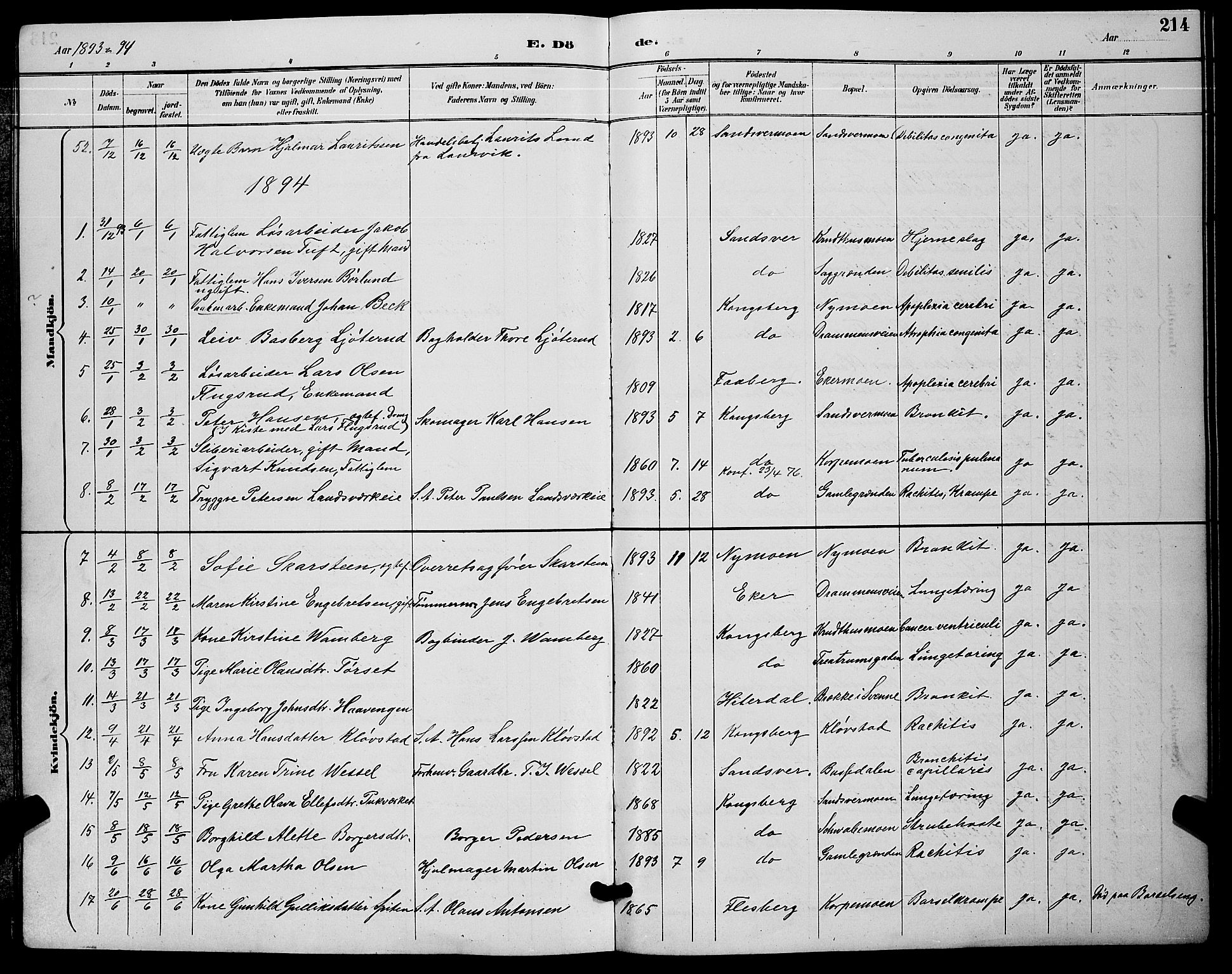 Kongsberg kirkebøker, AV/SAKO-A-22/G/Ga/L0006: Parish register (copy) no. 6, 1890-1901, p. 214