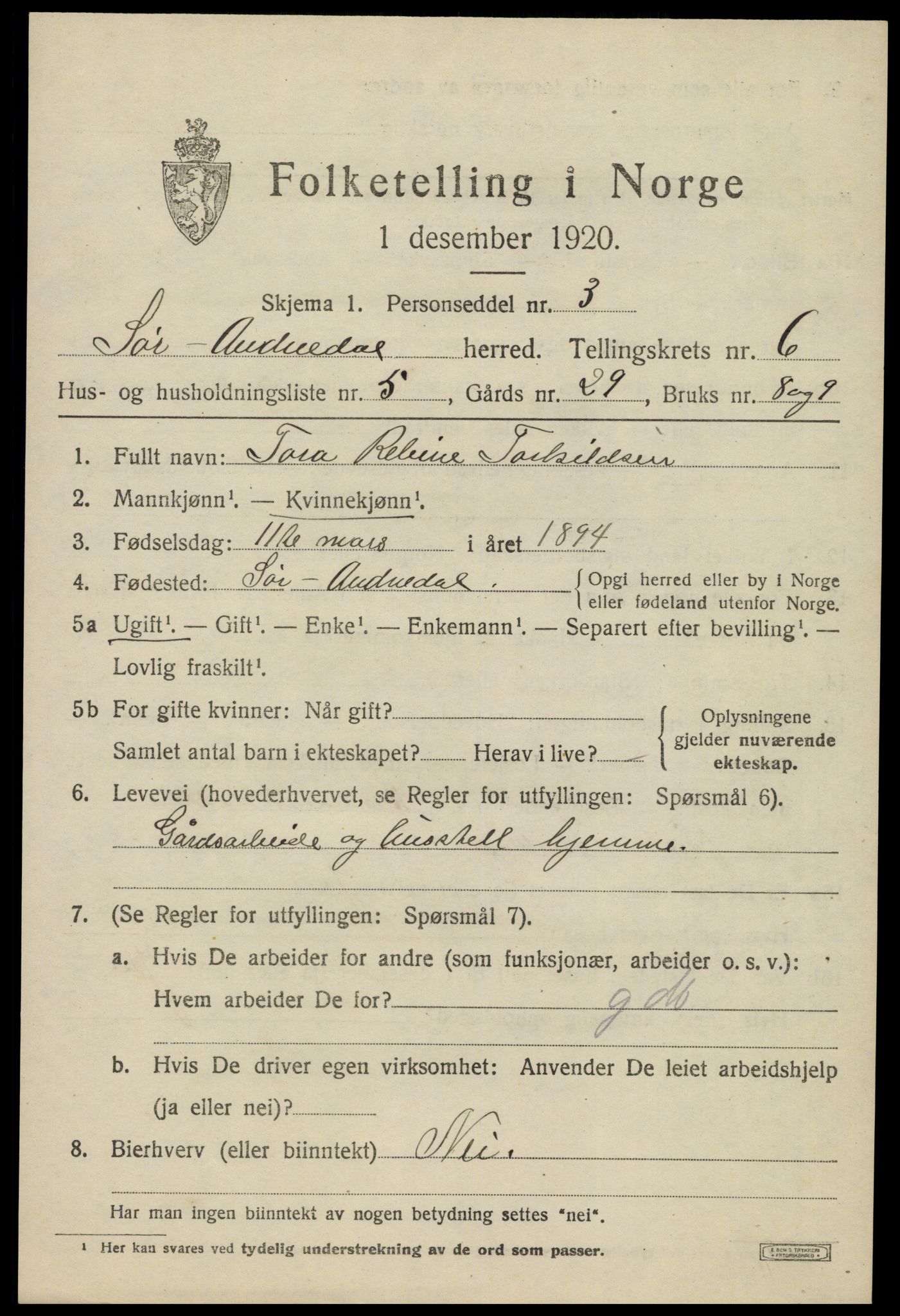 SAK, 1920 census for Sør-Audnedal, 1920, p. 2737