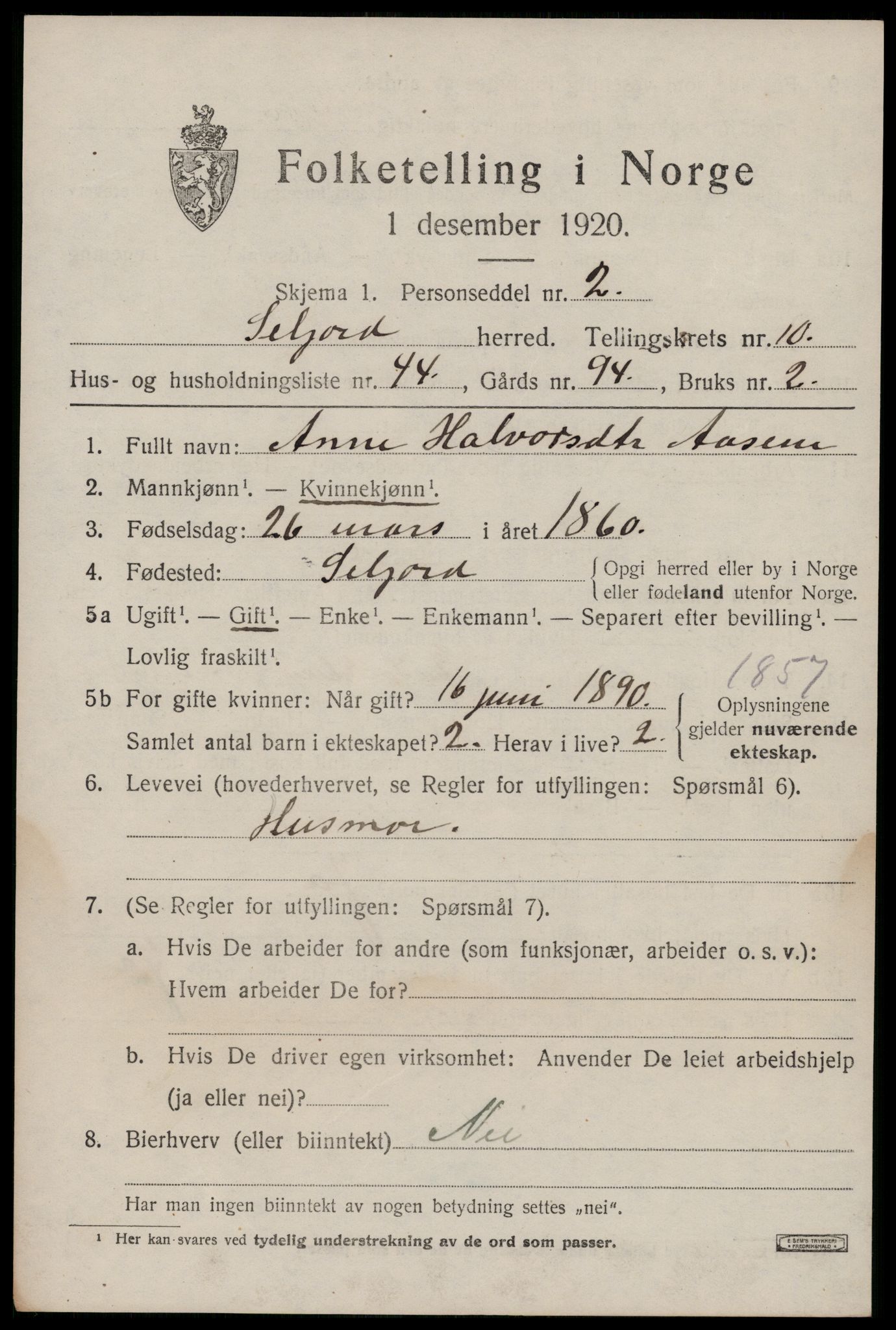 SAKO, 1920 census for Seljord, 1920, p. 5204