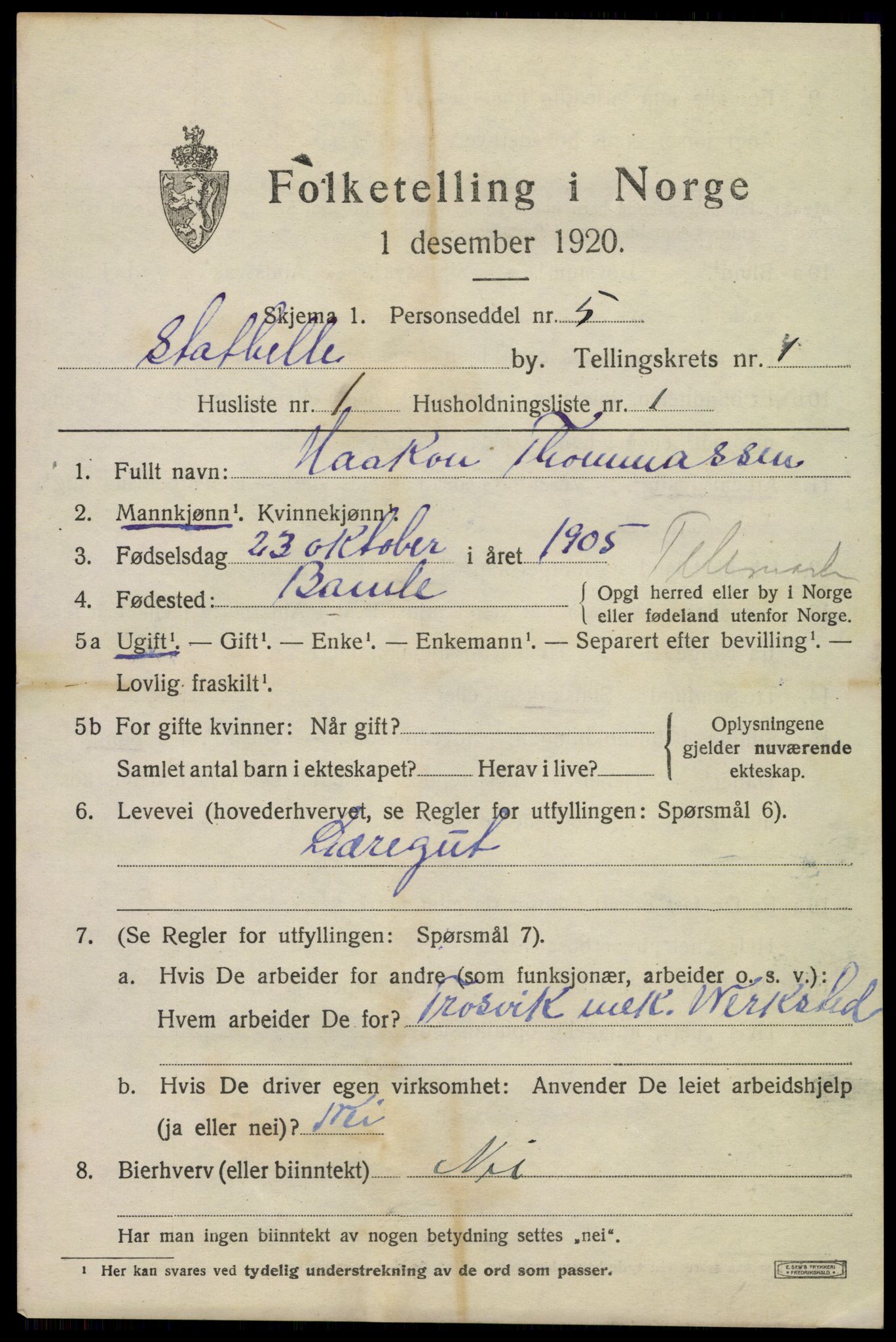 SAKO, 1920 census for Stathelle, 1920, p. 543