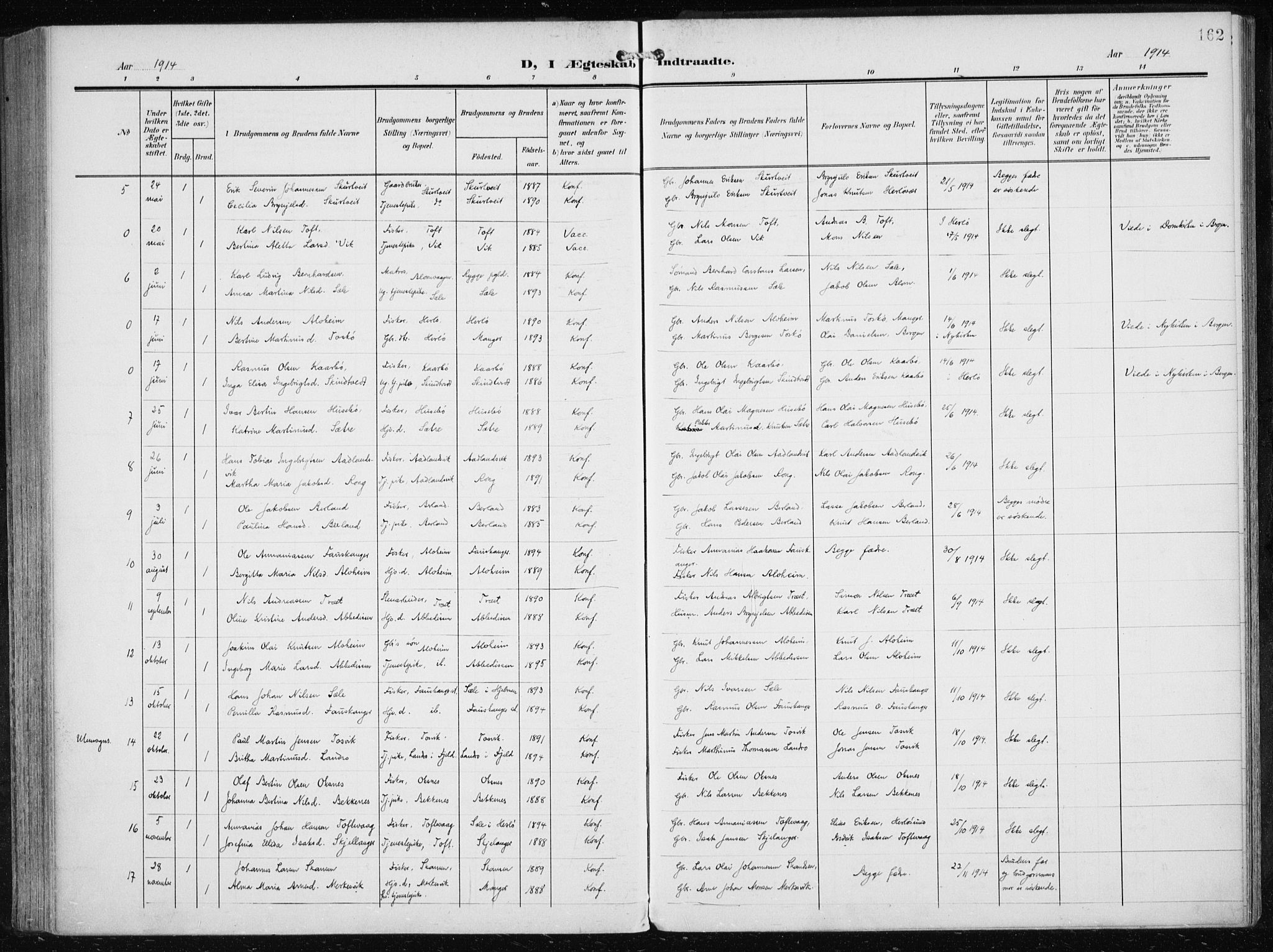 Herdla Sokneprestembete, AV/SAB-A-75701/H/Haa: Parish register (official) no. A 5, 1905-1918, p. 162