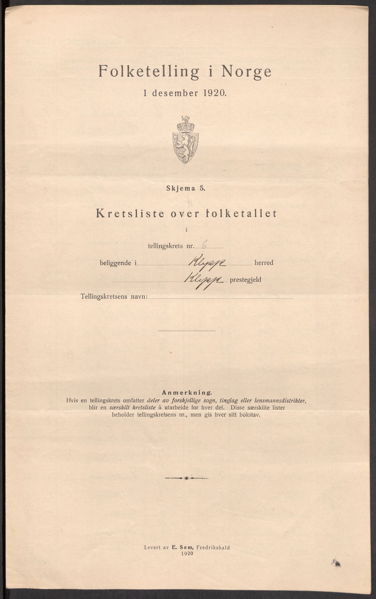 SAST, 1920 census for Klepp, 1920, p. 22