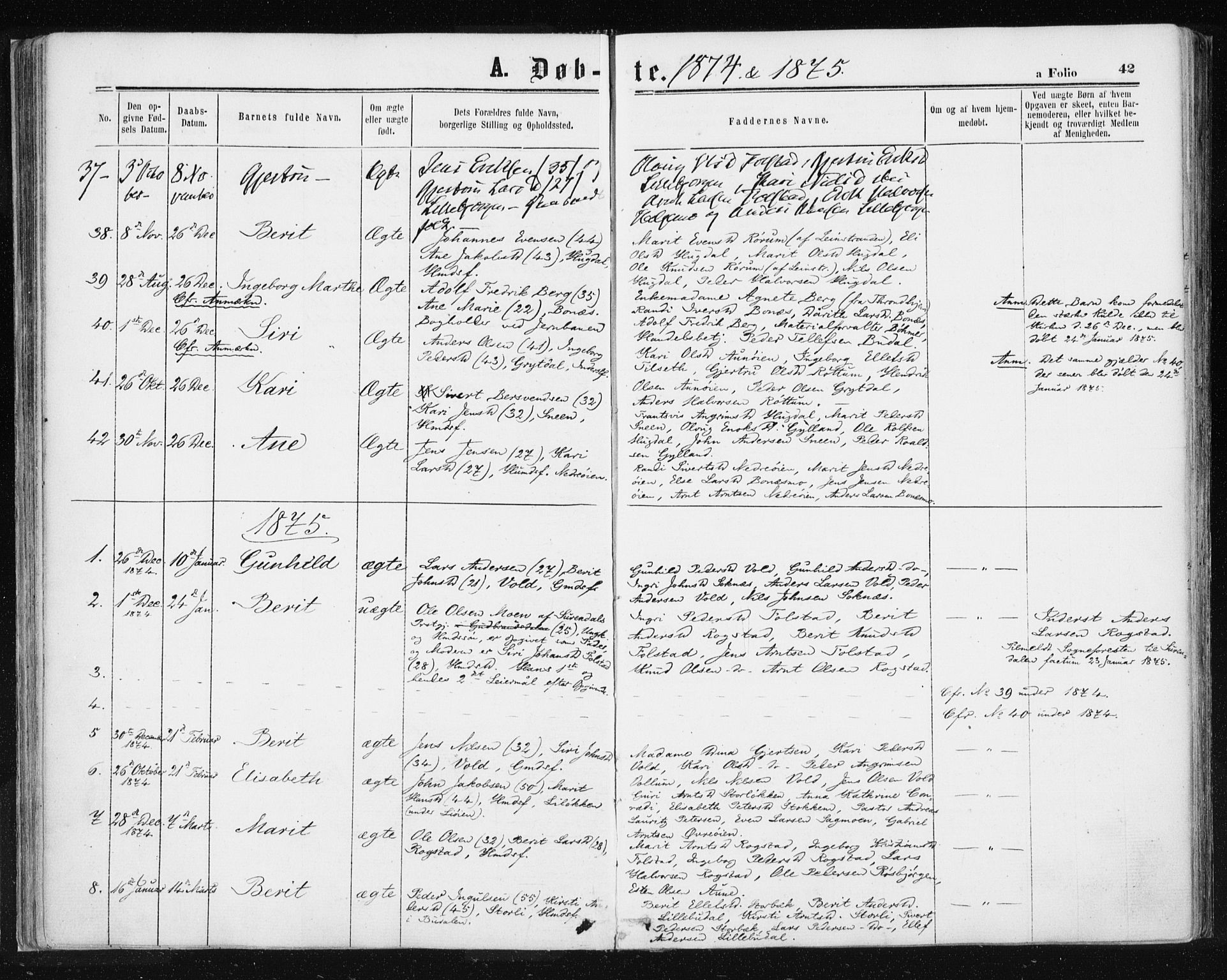Ministerialprotokoller, klokkerbøker og fødselsregistre - Sør-Trøndelag, SAT/A-1456/687/L1001: Parish register (official) no. 687A07, 1863-1878, p. 42