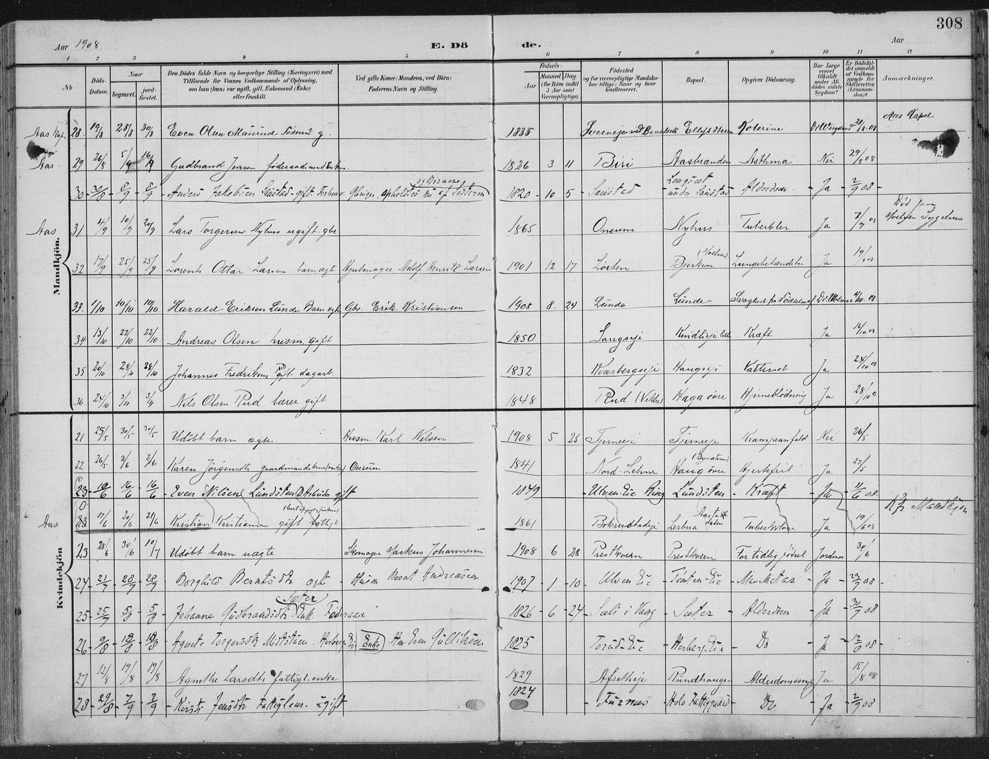 Ringsaker prestekontor, AV/SAH-PREST-014/K/Ka/L0018: Parish register (official) no. 18, 1903-1912, p. 308