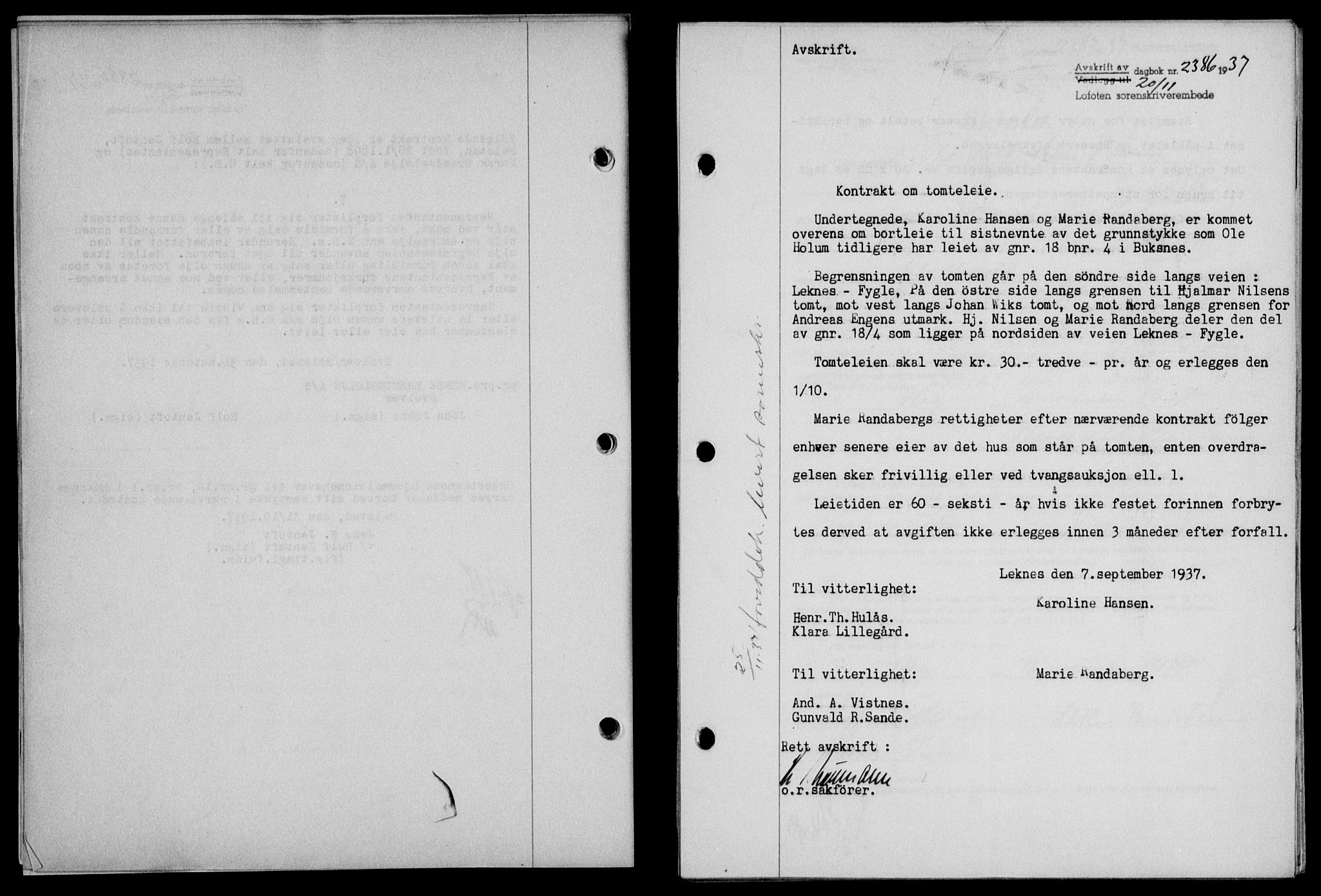 Lofoten sorenskriveri, SAT/A-0017/1/2/2C/L0003a: Mortgage book no. 3a, 1937-1938, Diary no: : 2386/1937