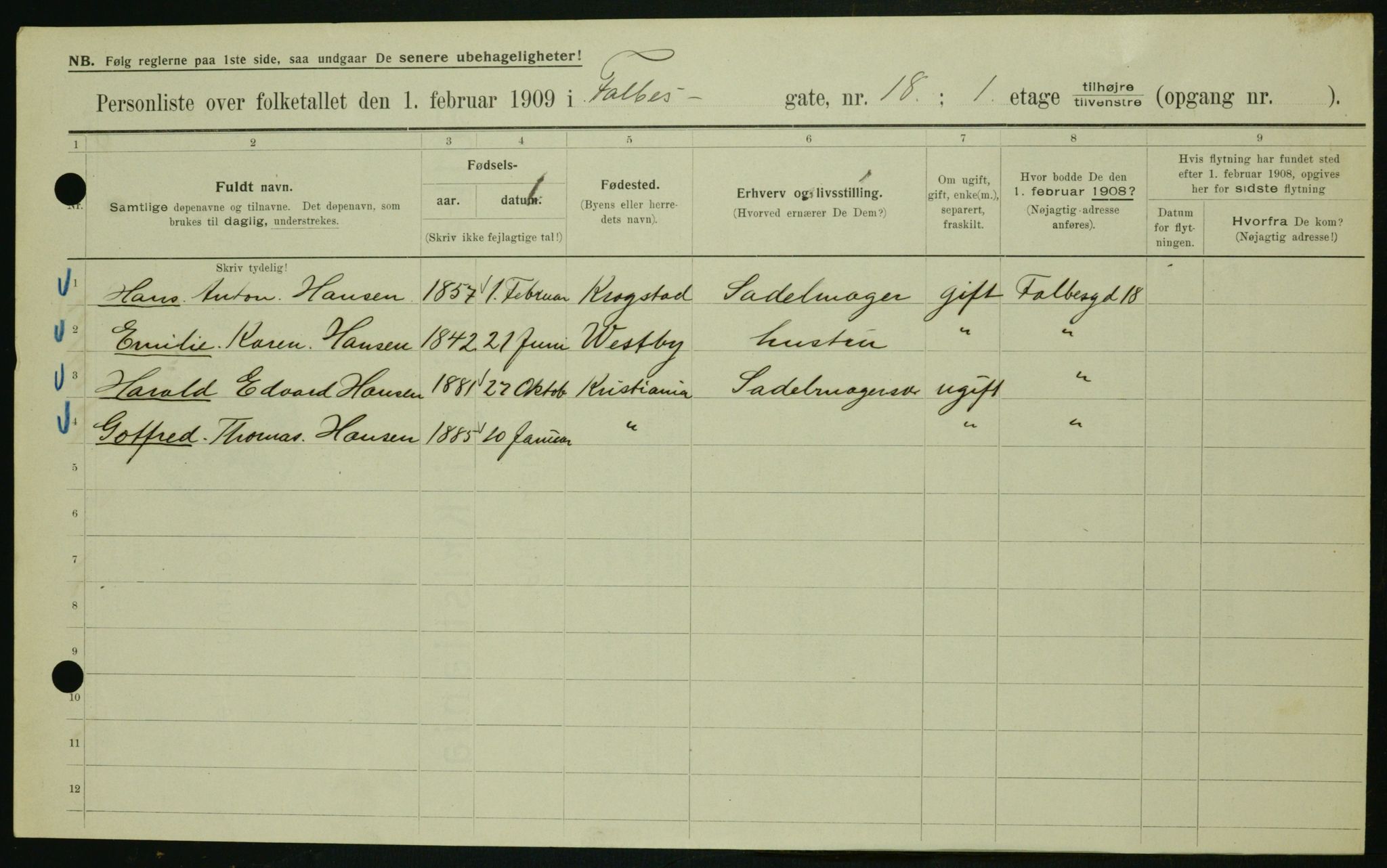 OBA, Municipal Census 1909 for Kristiania, 1909, p. 20965