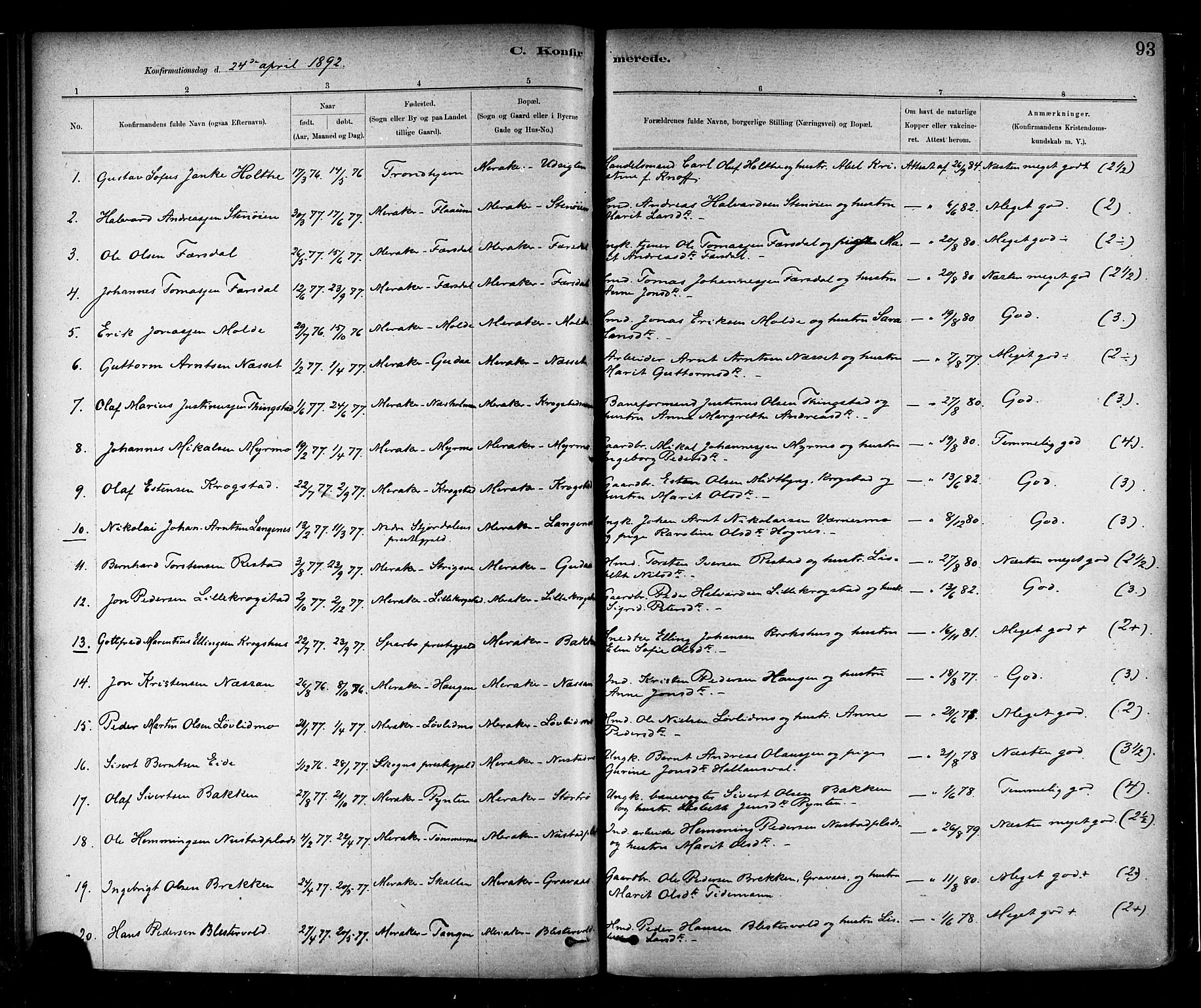 Ministerialprotokoller, klokkerbøker og fødselsregistre - Nord-Trøndelag, SAT/A-1458/706/L0047: Parish register (official) no. 706A03, 1878-1892, p. 93