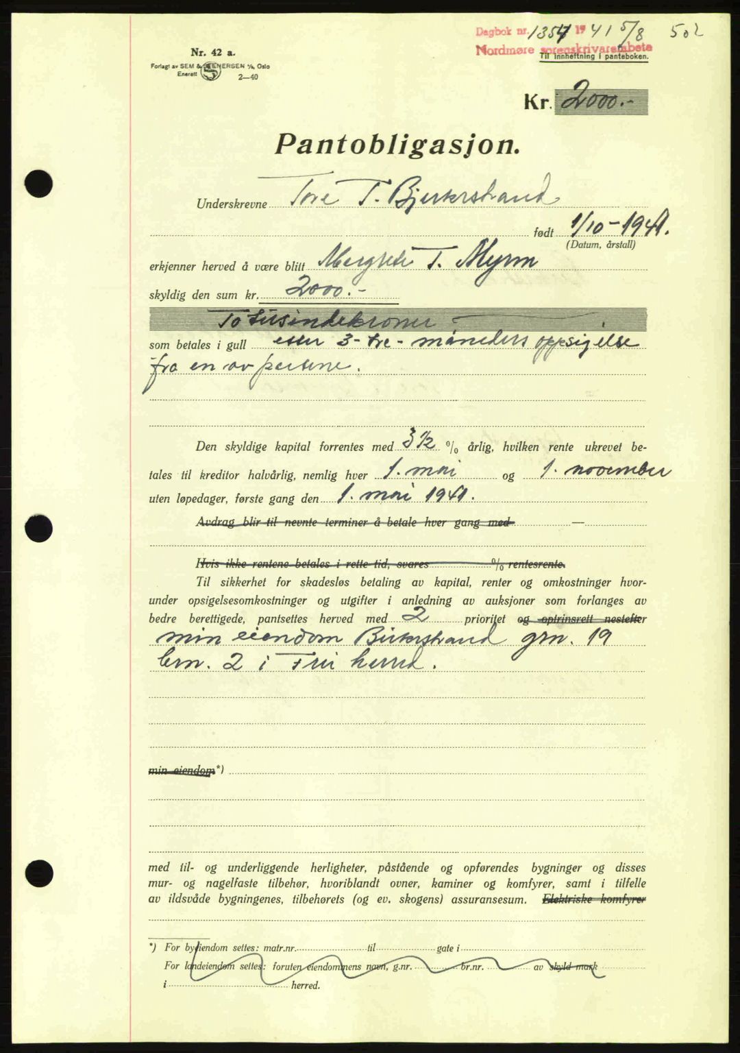 Nordmøre sorenskriveri, SAT/A-4132/1/2/2Ca: Mortgage book no. A90, 1941-1941, Diary no: : 1354/1941
