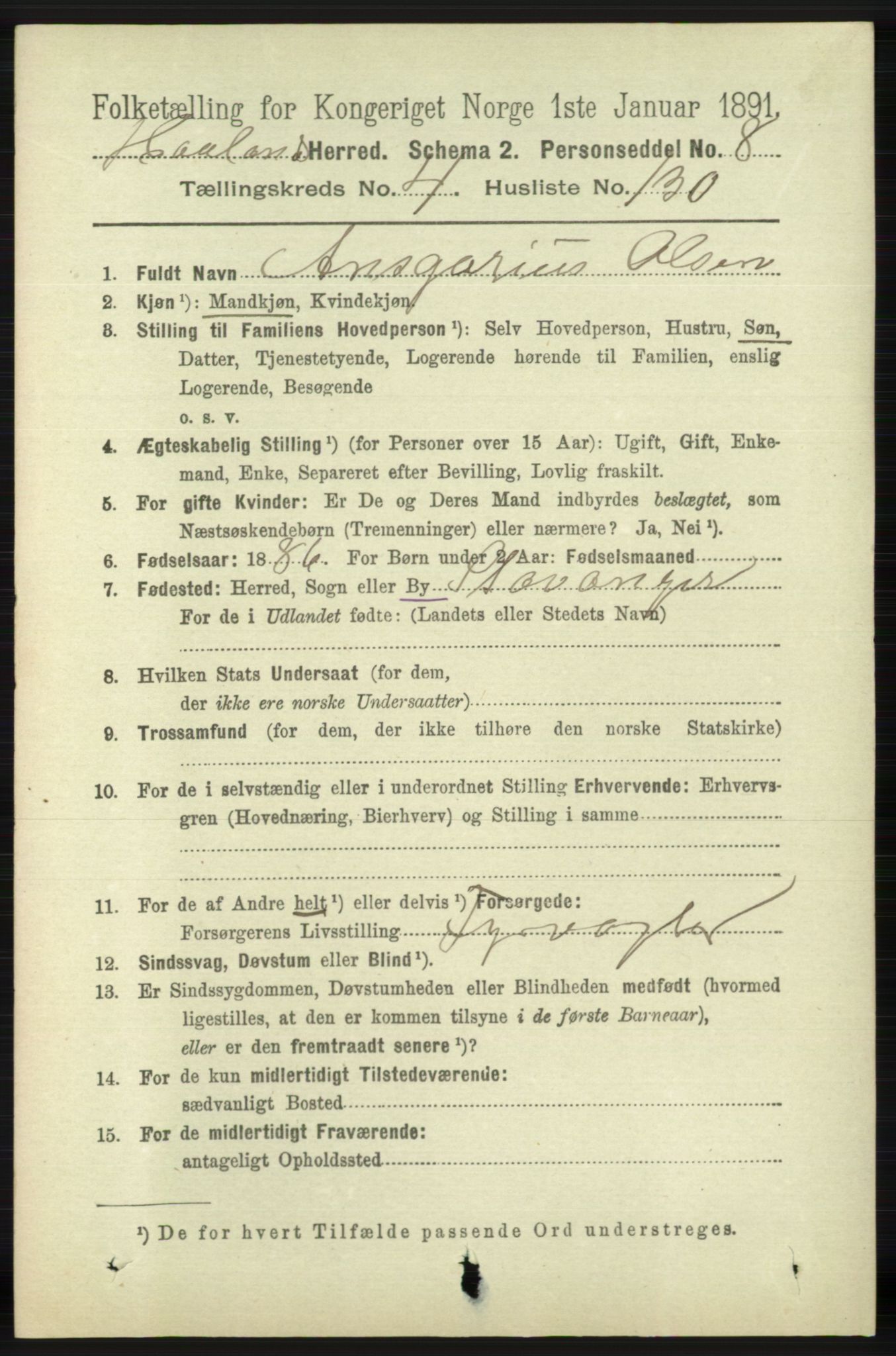 RA, 1891 census for 1124 Haaland, 1891, p. 3158