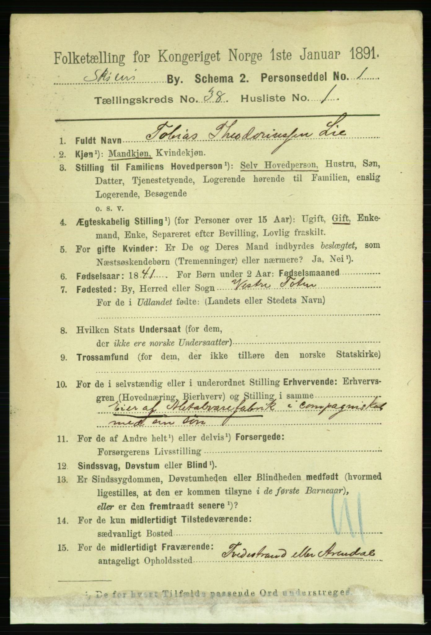 RA, 1891 census for 0806 Skien, 1891, p. 8111