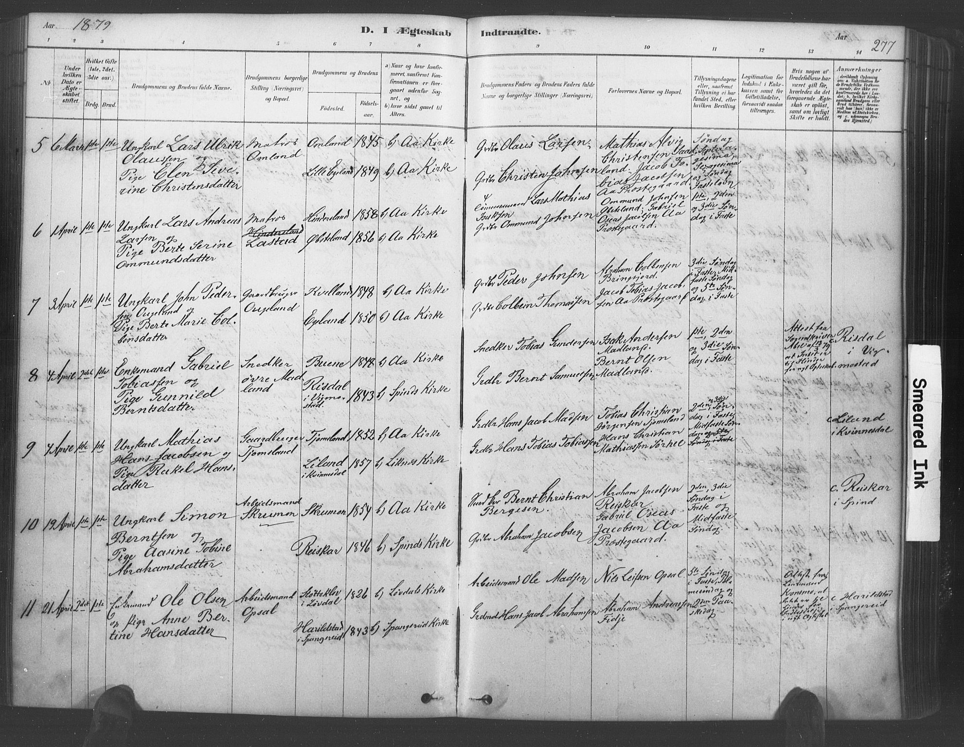 Lyngdal sokneprestkontor, AV/SAK-1111-0029/F/Fa/Fac/L0011: Parish register (official) no. A 11, 1878-1893, p. 277