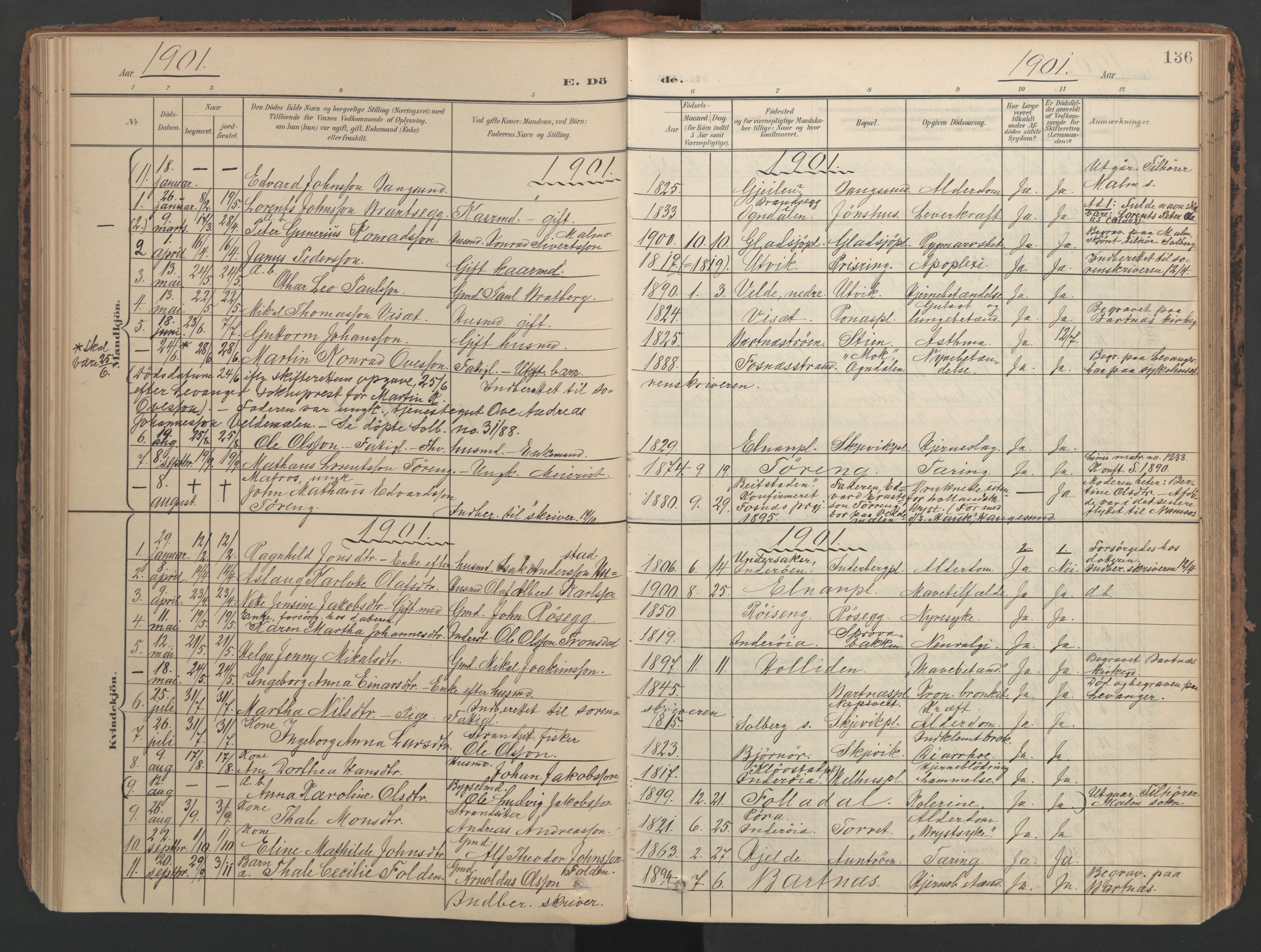 Ministerialprotokoller, klokkerbøker og fødselsregistre - Nord-Trøndelag, SAT/A-1458/741/L0397: Parish register (official) no. 741A11, 1901-1911, p. 136