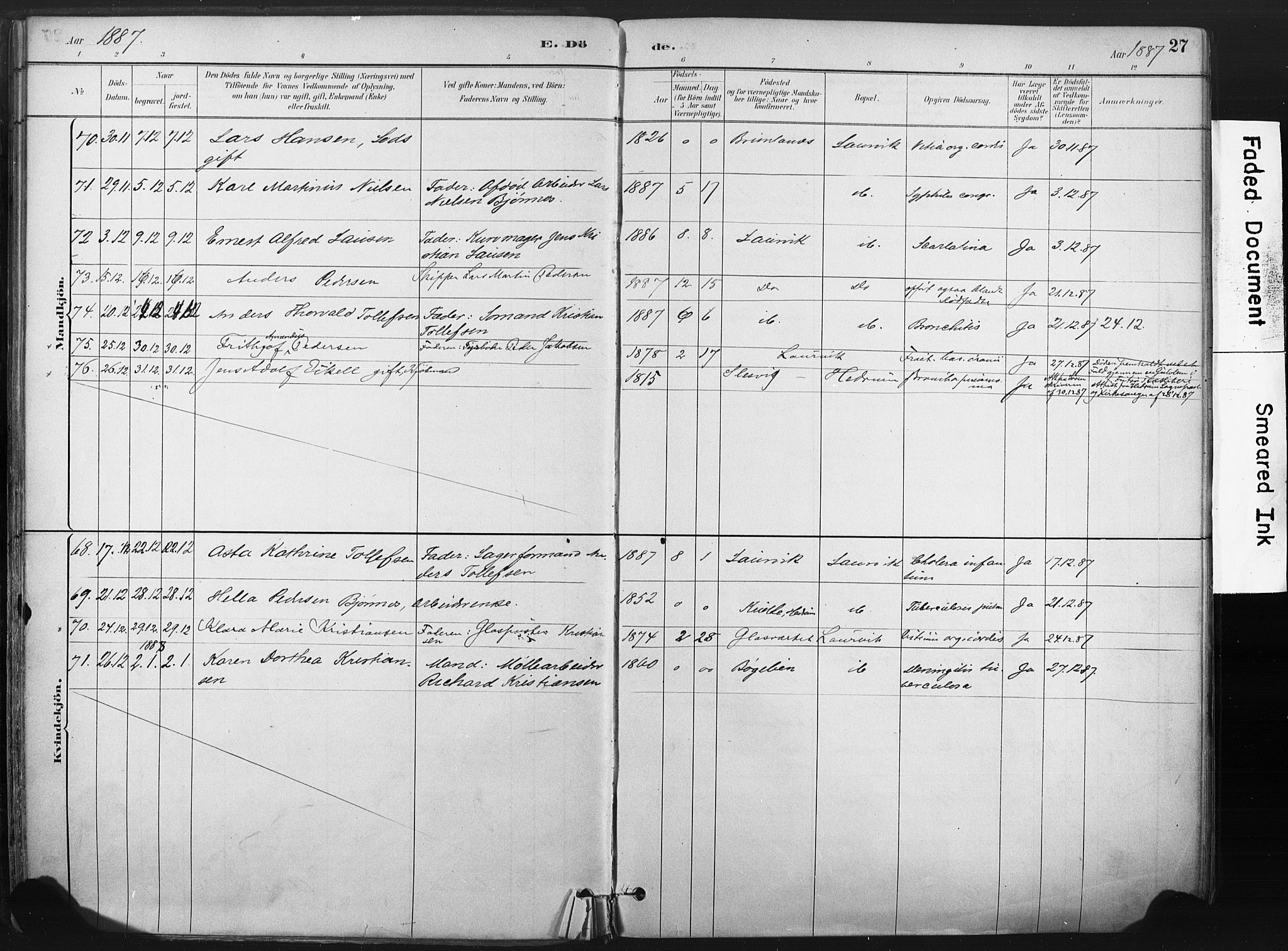 Larvik kirkebøker, AV/SAKO-A-352/F/Fa/L0010: Parish register (official) no. I 10, 1884-1910, p. 27