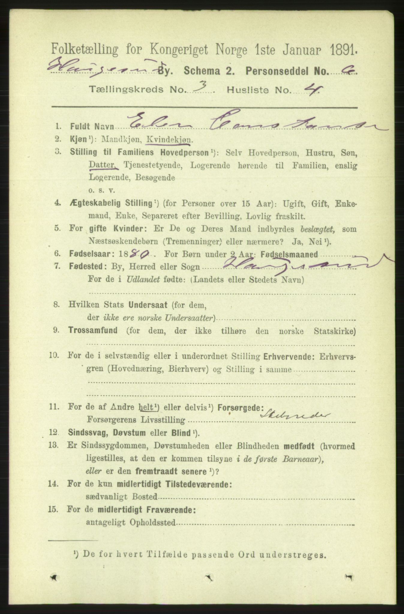 RA, 1891 census for 1106 Haugesund, 1891, p. 1061