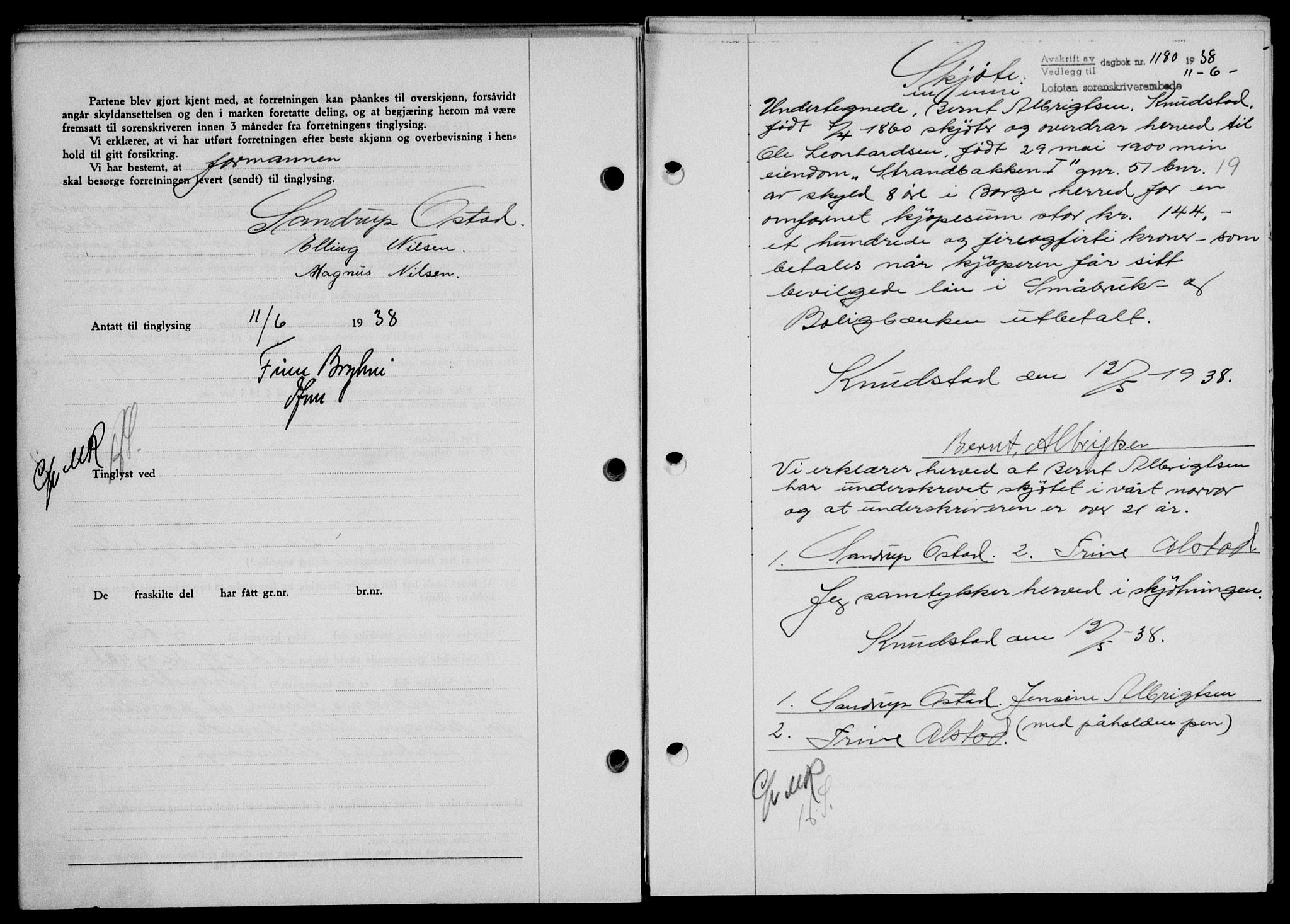 Lofoten sorenskriveri, SAT/A-0017/1/2/2C/L0004a: Mortgage book no. 4a, 1938-1938, Diary no: : 1180/1938