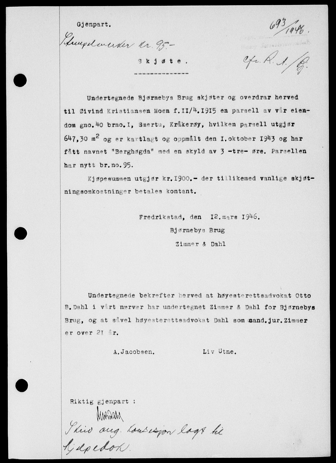 Onsøy sorenskriveri, SAO/A-10474/G/Ga/Gab/L0015: Mortgage book no. II A-15, 1945-1946, Diary no: : 693/1946