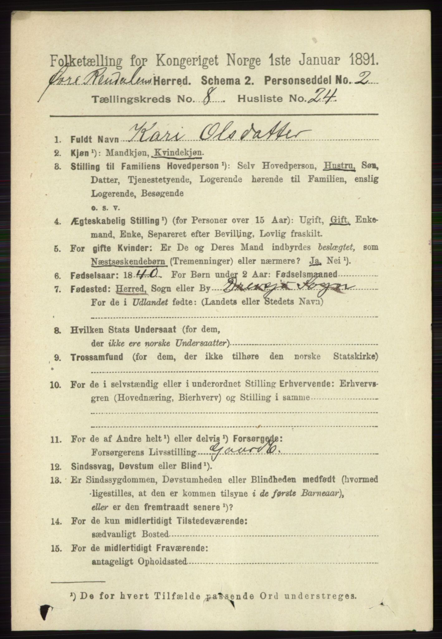 RA, 1891 census for 0433 Øvre Rendal, 1891, p. 2168