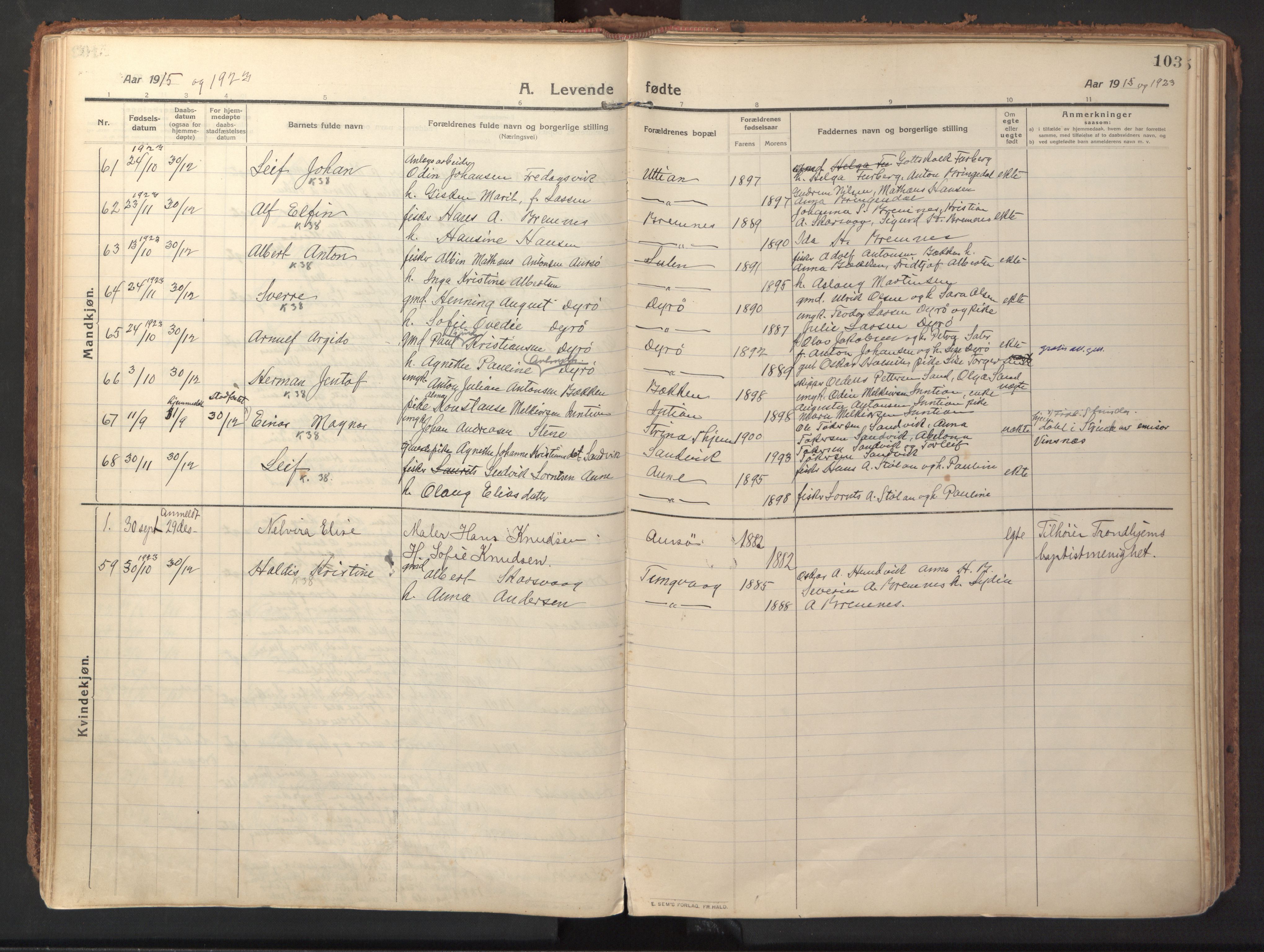 Ministerialprotokoller, klokkerbøker og fødselsregistre - Sør-Trøndelag, SAT/A-1456/640/L0581: Parish register (official) no. 640A06, 1910-1924, p. 103