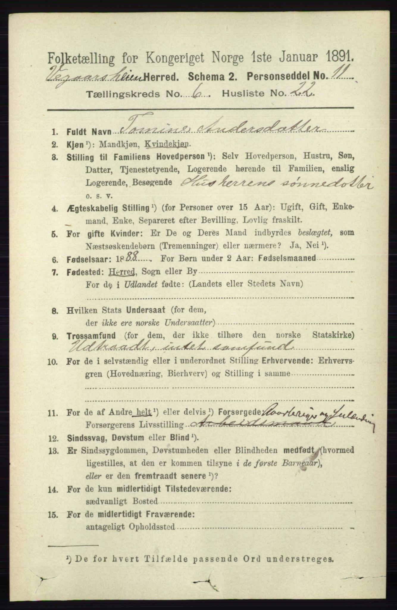 RA, 1891 census for 0912 Vegårshei, 1891, p. 1307