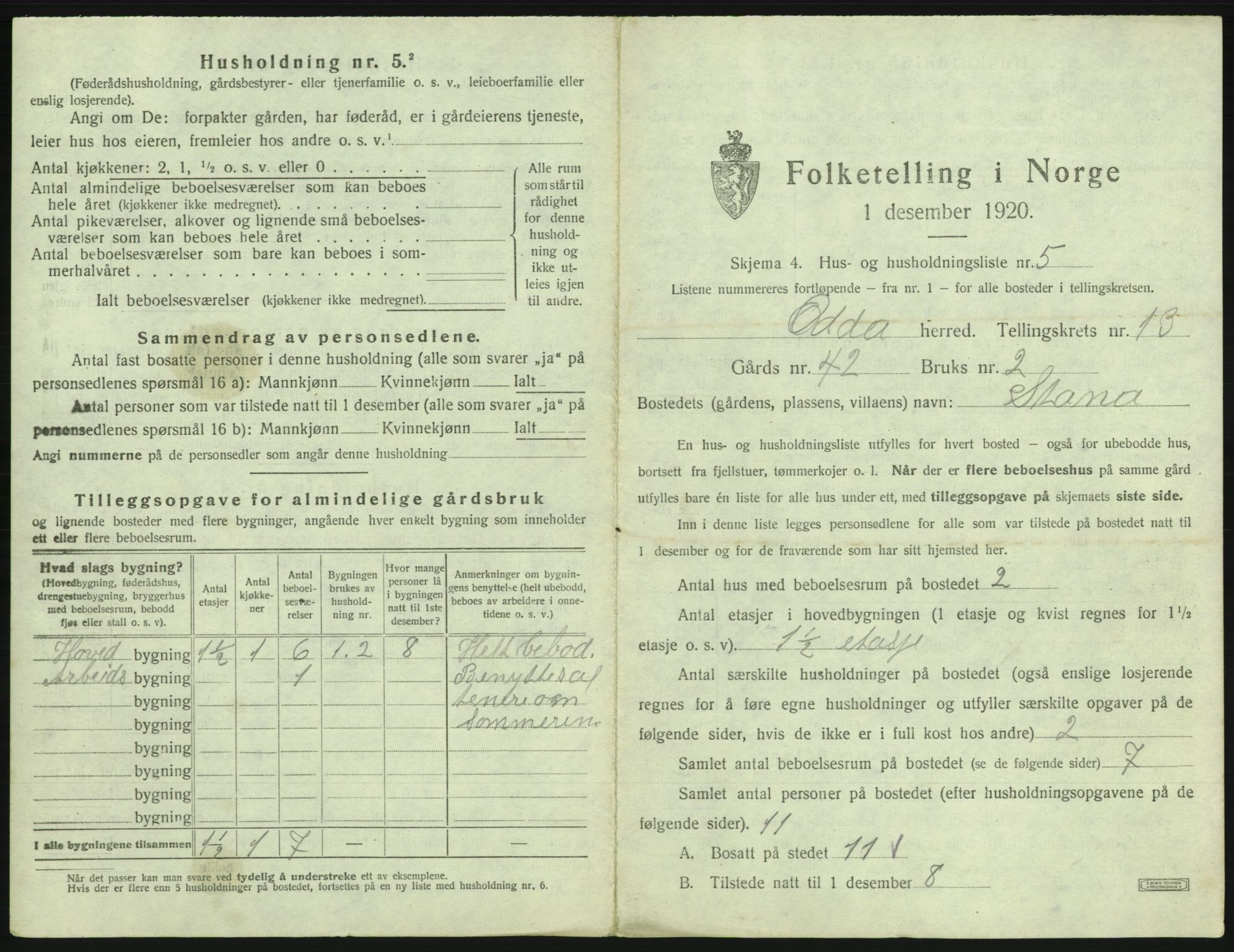 SAB, 1920 census for Odda, 1920, p. 1141