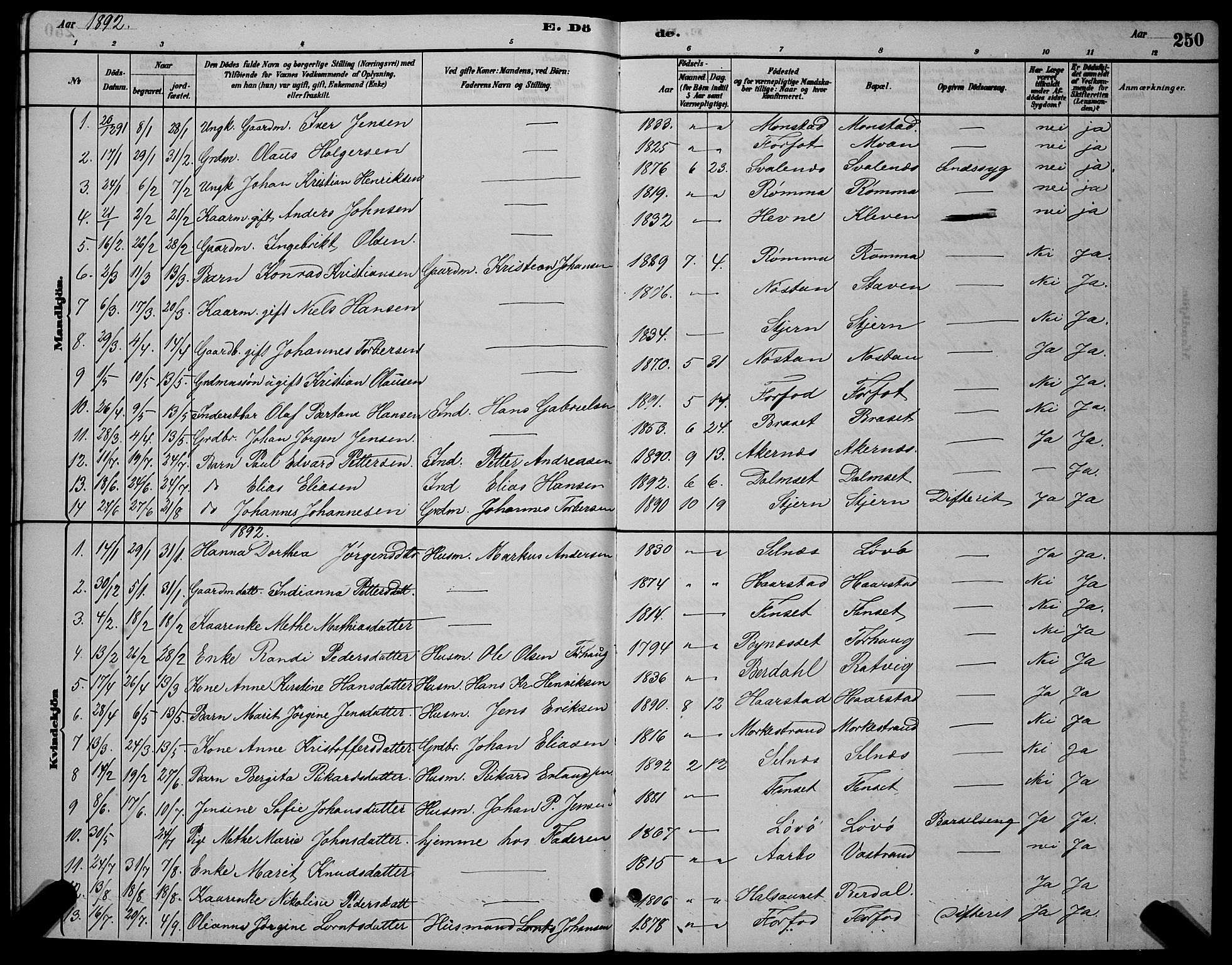 Ministerialprotokoller, klokkerbøker og fødselsregistre - Sør-Trøndelag, SAT/A-1456/655/L0687: Parish register (copy) no. 655C03, 1880-1898, p. 250